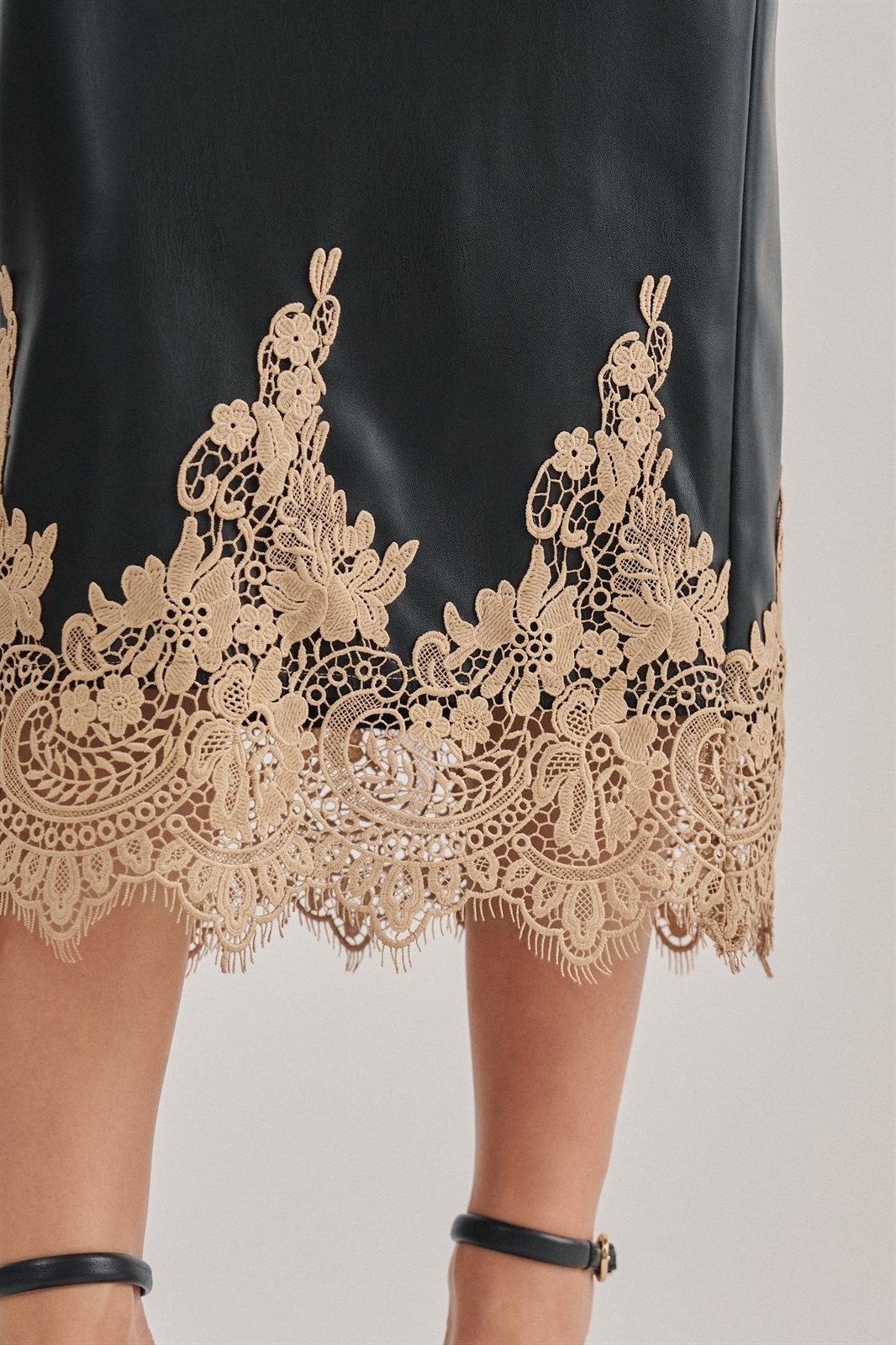 Faux Leather Midi Skirt with Lace Hem in Black - Women's Midi Skirts | Urban Daizy