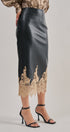 Faux Leather Midi Skirt with Lace Hem in Black - Women's Midi Skirts | Urban Daizy