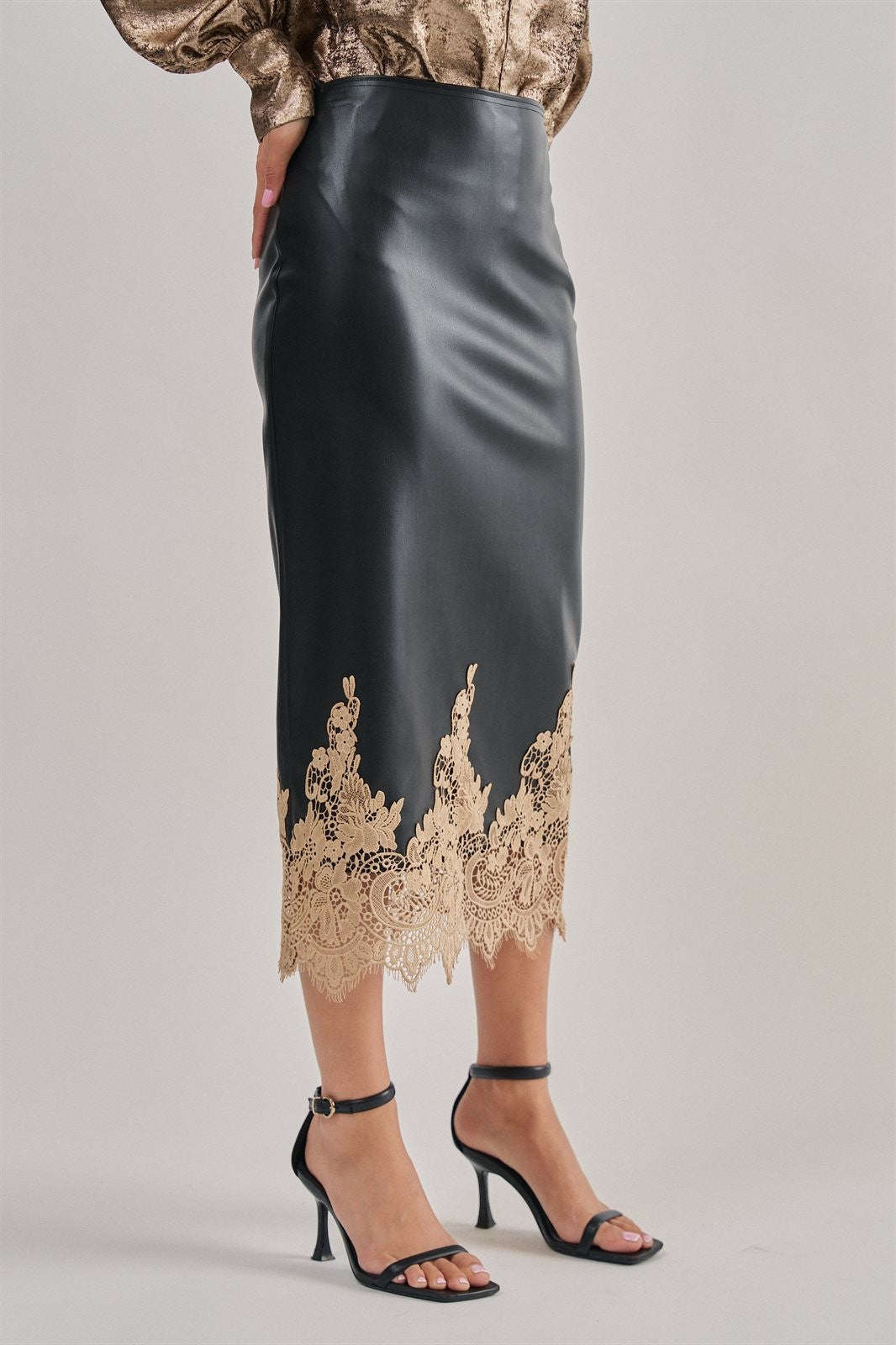 Faux Leather Midi Skirt with Lace Hem in Black - Women's Midi Skirts | Urban Daizy