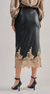 Faux Leather Midi Skirt with Lace Hem in Black - Women's Midi Skirts | Urban Daizy