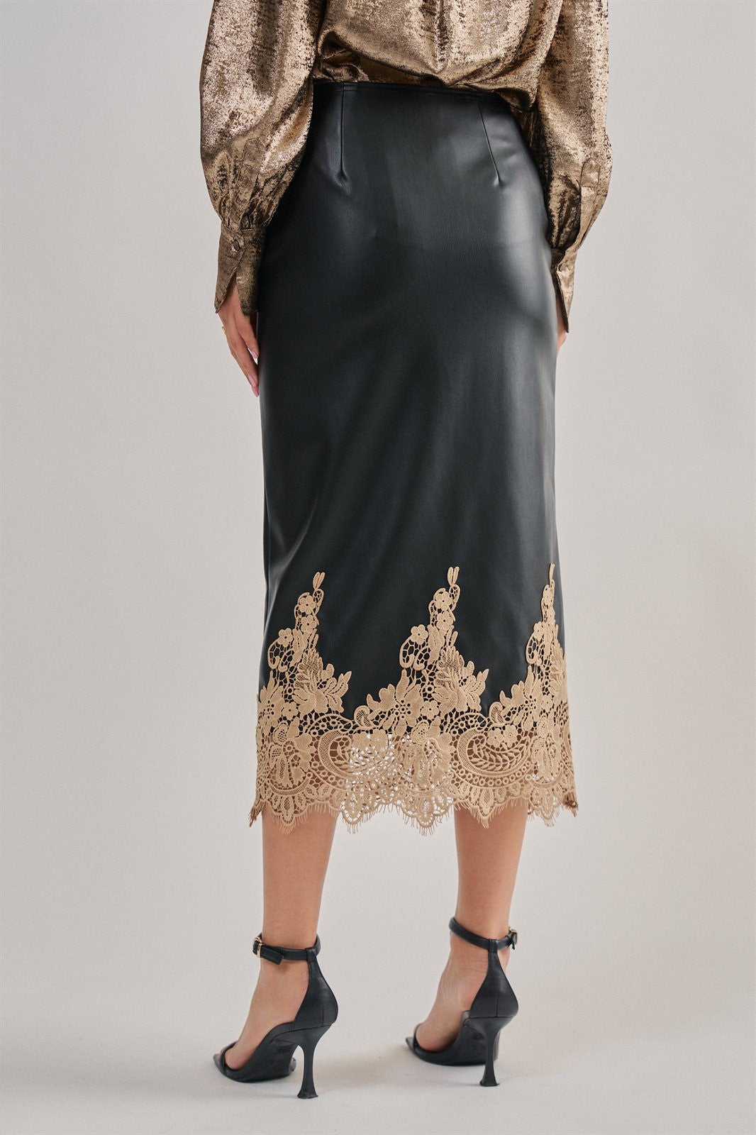 Faux Leather Midi Skirt with Lace Hem in Black - Women's Midi Skirts | Urban Daizy