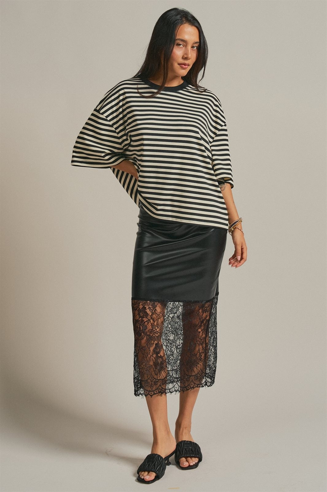 Faux Leather Lace Hem Midi Skirt in Black - Women's Midi Skirts | Urban Daizy