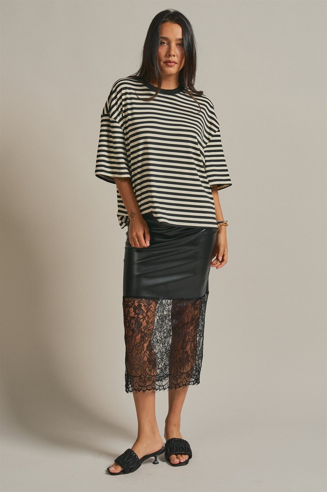 Faux Leather Lace Hem Midi Skirt in Black - Women's Midi Skirts | Urban Daizy
