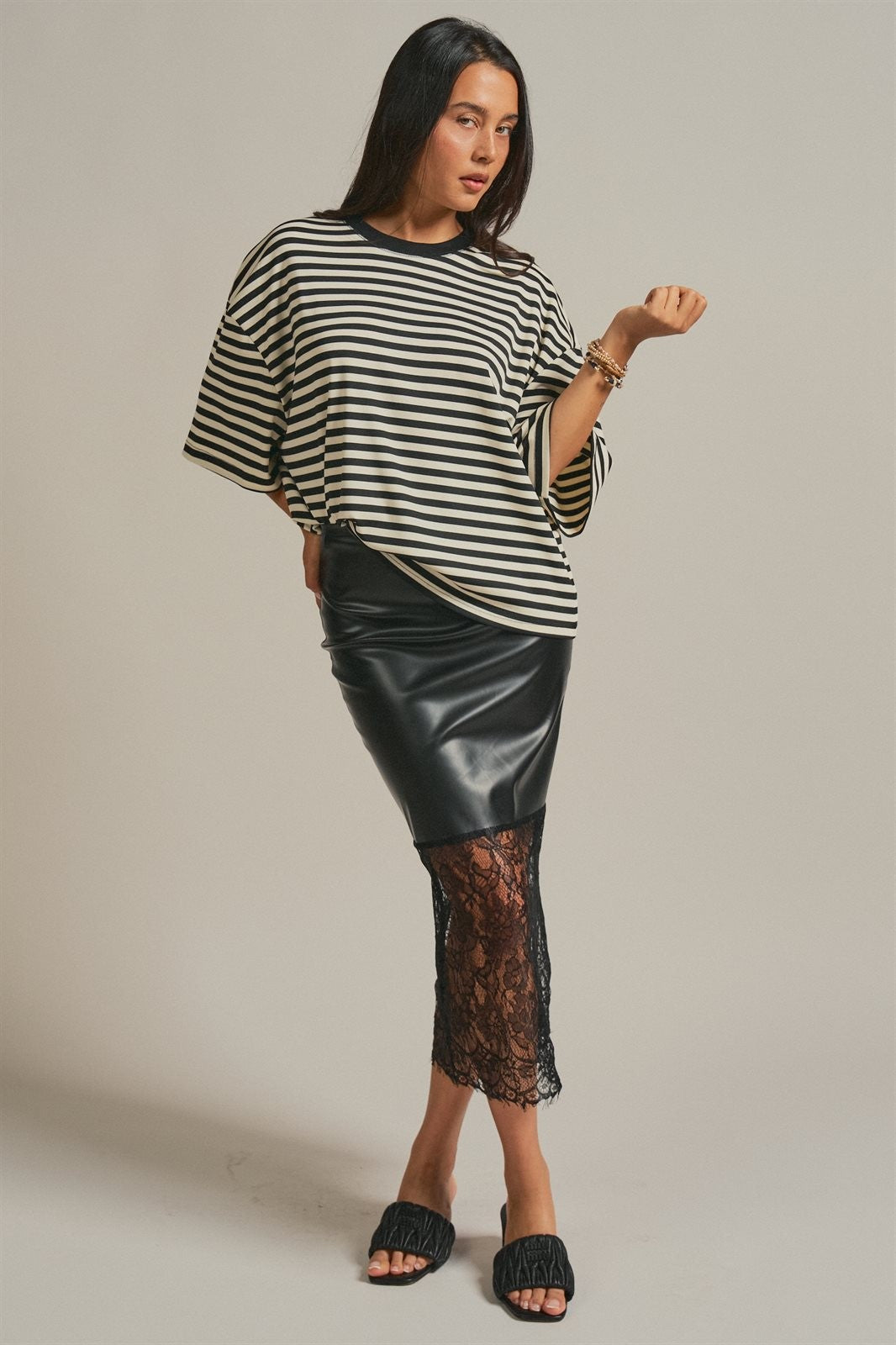 Faux Leather Lace Hem Midi Skirt in Black - Women's Midi Skirts | Urban Daizy