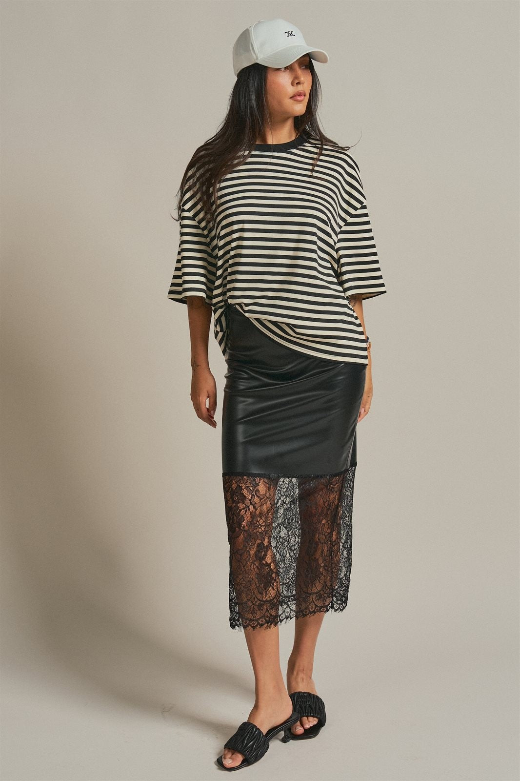 Faux Leather Lace Hem Midi Skirt in Black - Women's Midi Skirts | Urban Daizy