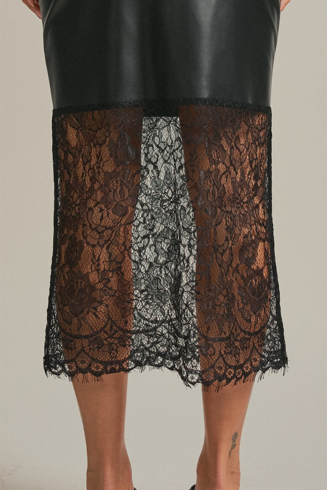 Faux Leather Lace Hem Midi Skirt in Black - Women's Midi Skirts | Urban Daizy