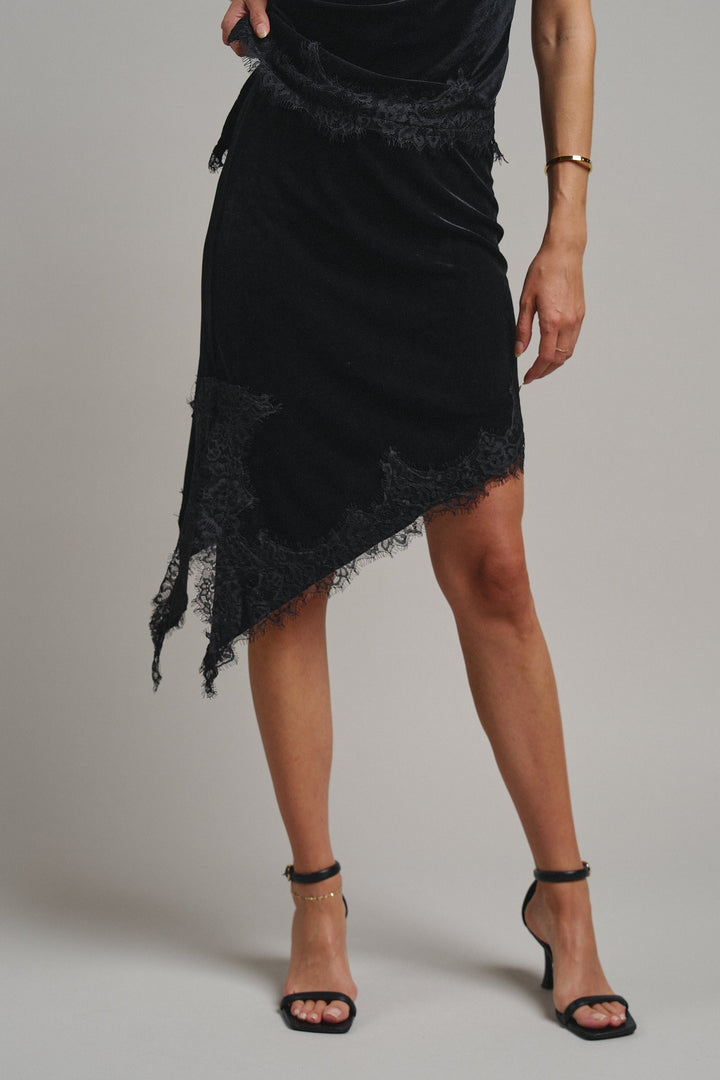 Midnight Lace Velvet Midi Skirt in Black - Women's Midi Skirts | Urban Daizy