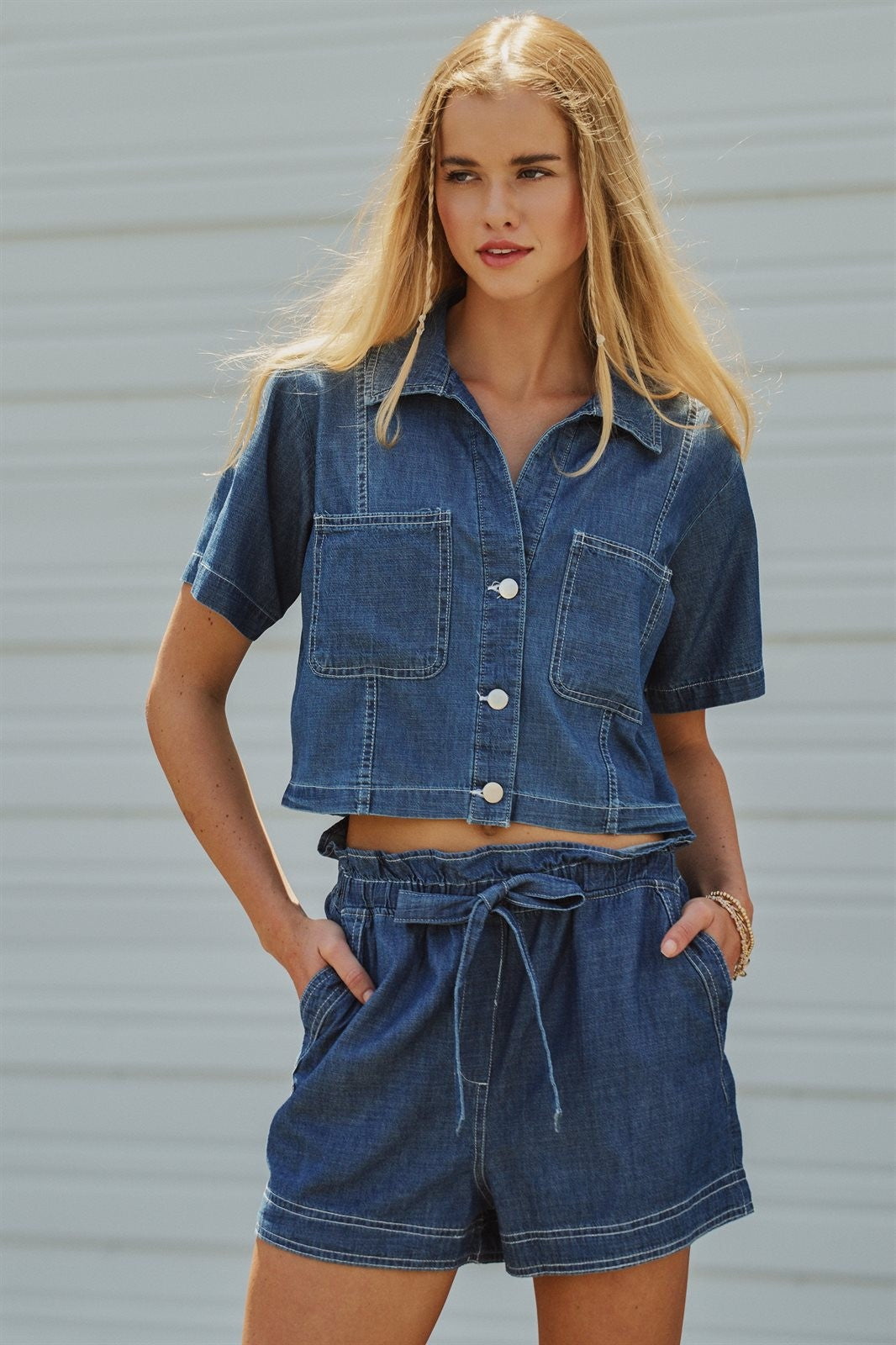 Chambray Denim Paper Bag Waist Shorts with Pockets in Dark Denim - Women's Fashion | Urban Daizy