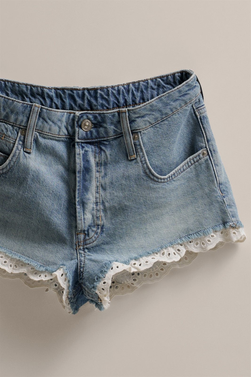 Eyelet Lace Trim Light Wash Denim Shorts in Denim Blue - Women's Fashion | Urban Daizy