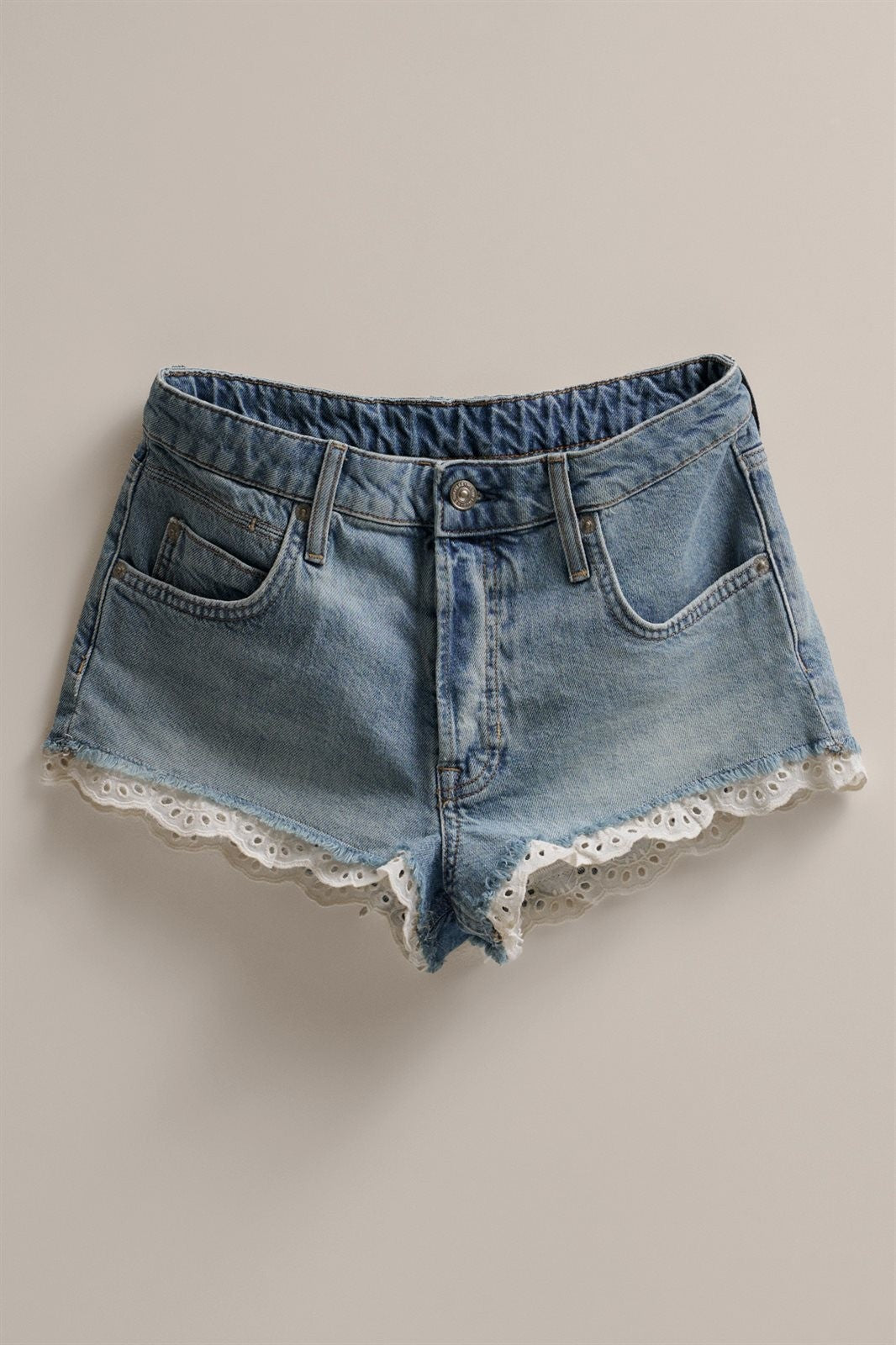 Eyelet Lace Trim Light Wash Denim Shorts in Denim Blue - Women's Fashion | Urban Daizy