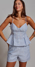 Blue Stripe Peplum Cami And Shorts Set Cotton Linen in Blue - Women's Sets | Urban Daizy