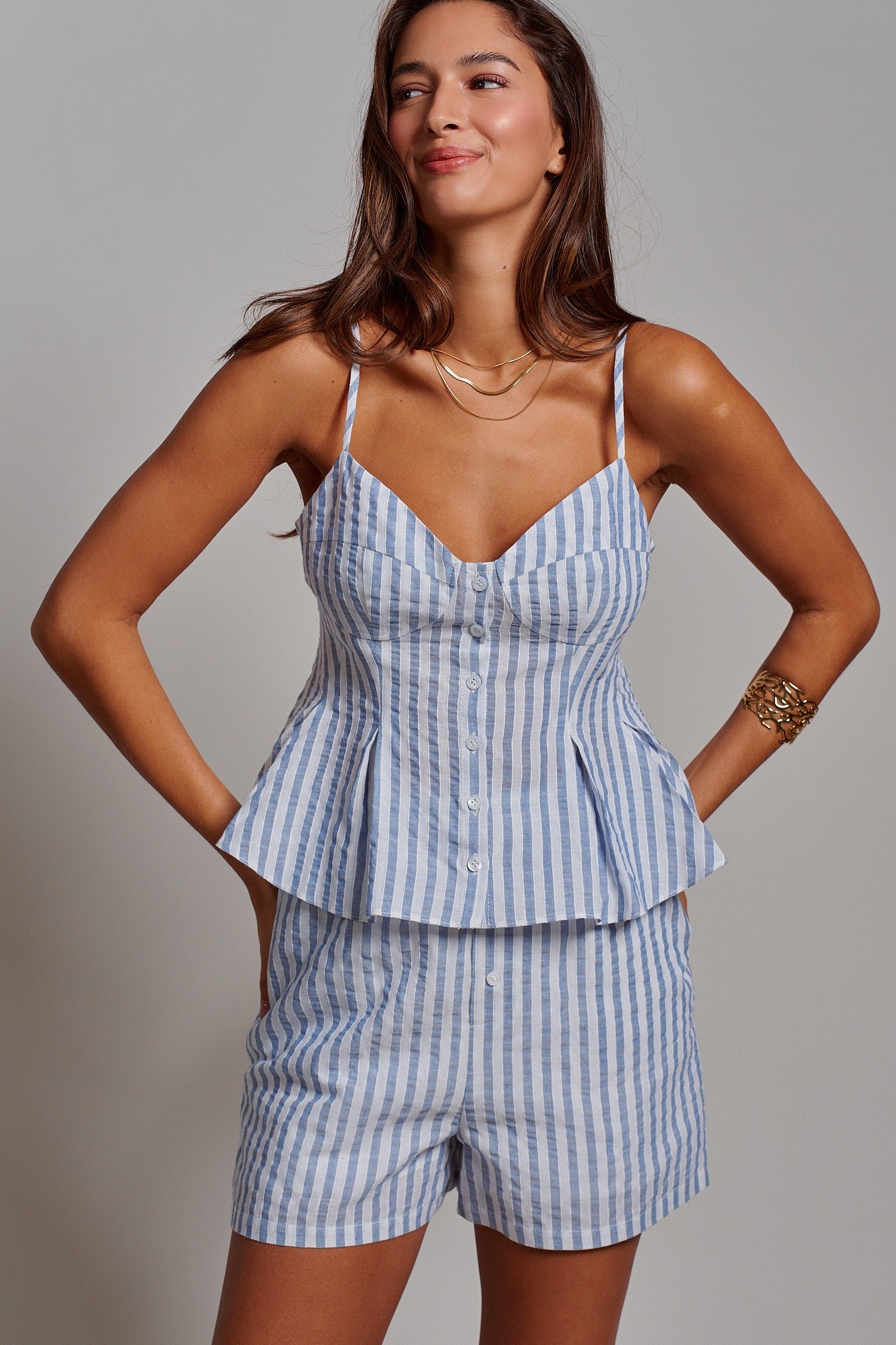 Blue Stripe Peplum Cami And Shorts Set Cotton Linen in Blue - Women's Sets | Urban Daizy