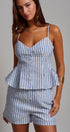 Blue Stripe Peplum Cami And Shorts Set Cotton Linen in Blue - Women's Sets | Urban Daizy