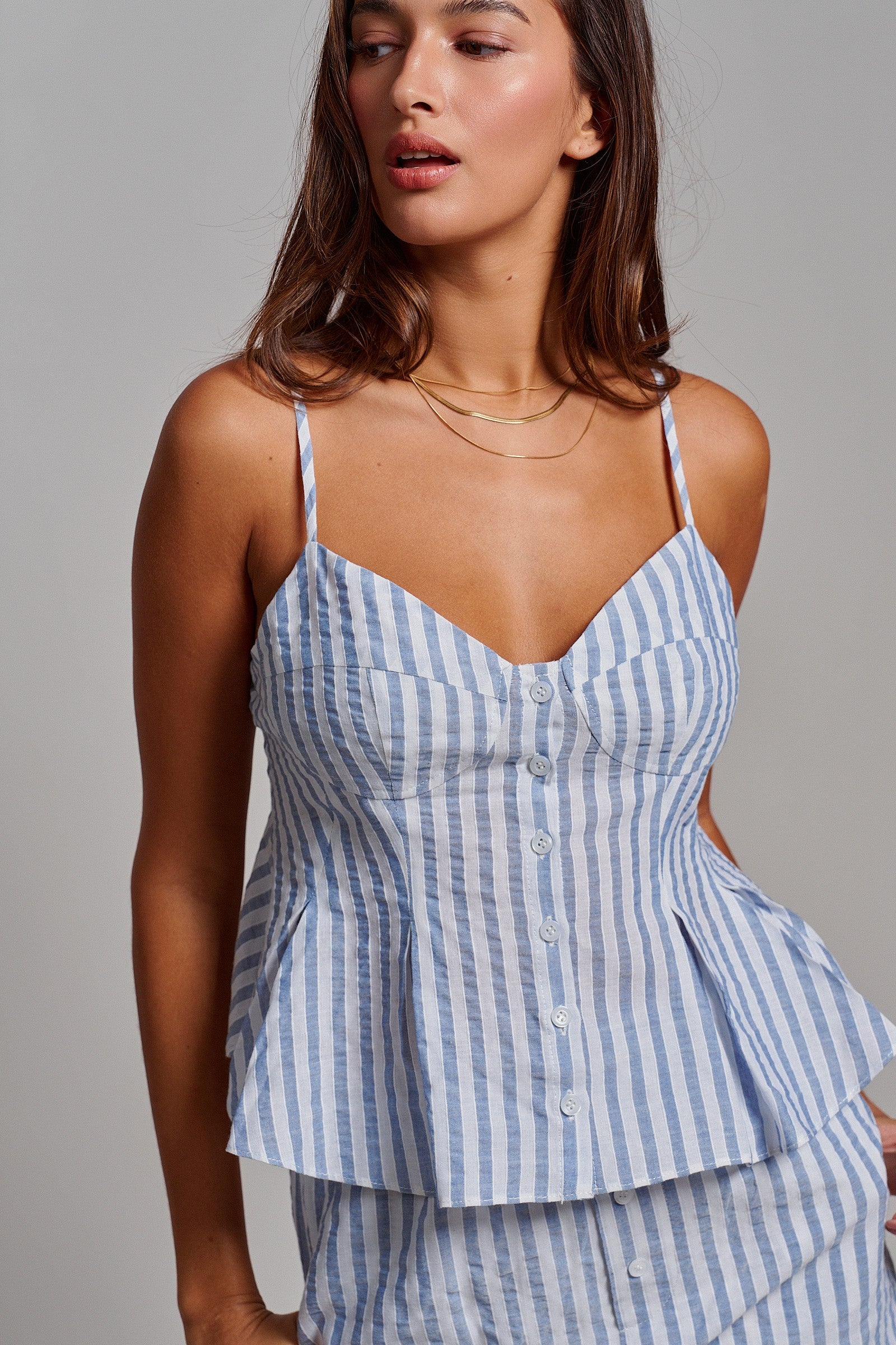 Blue Stripe Peplum Cami And Shorts Set Cotton Linen in Blue - Women's Sets | Urban Daizy