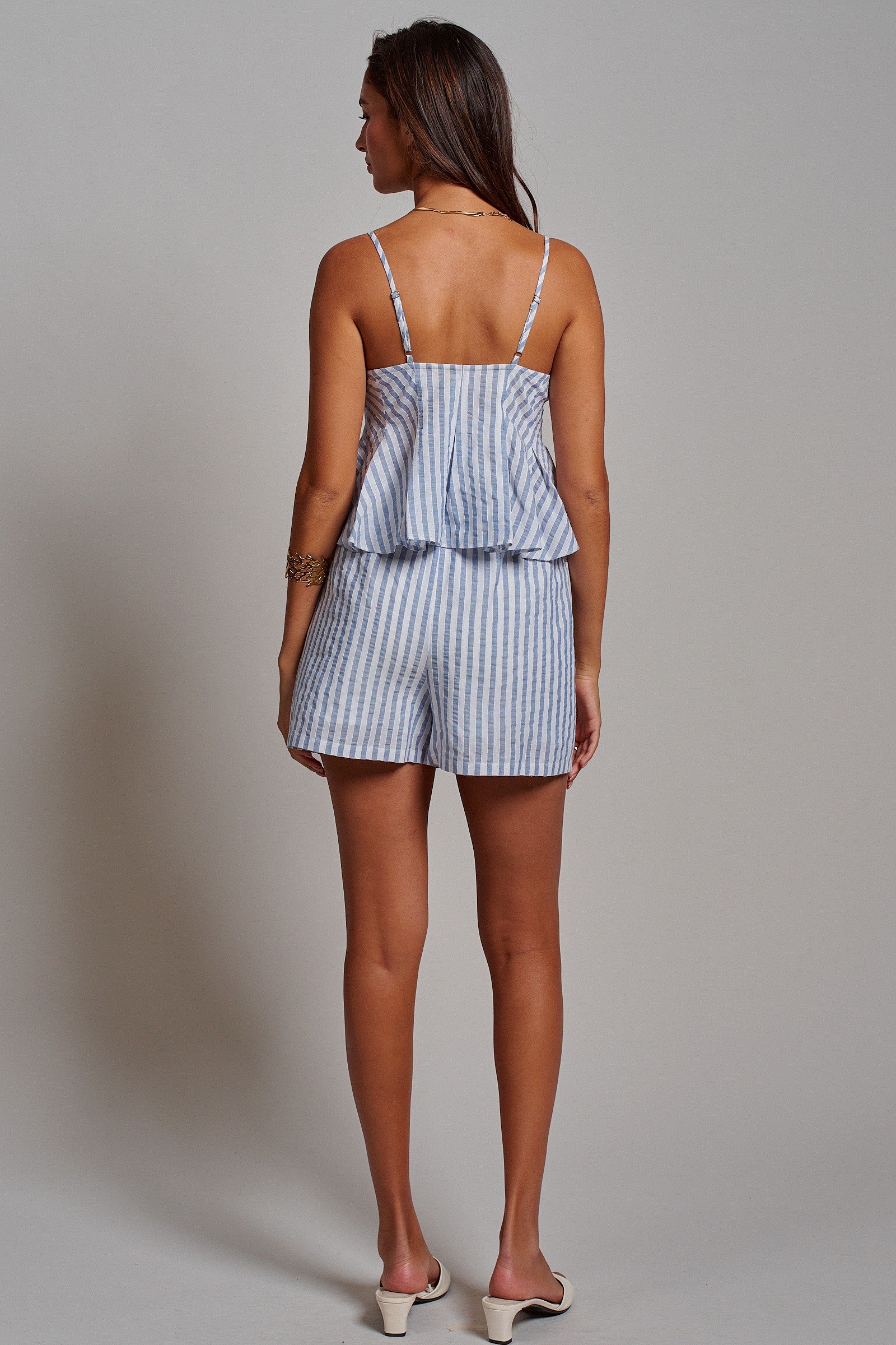 Blue Stripe Peplum Cami And Shorts Set Cotton Linen in Blue - Women's Sets | Urban Daizy