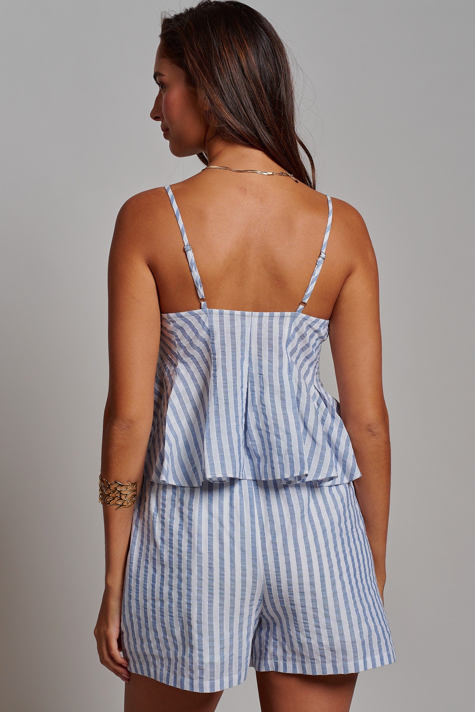Blue Stripe Peplum Cami And Shorts Set Cotton Linen in Blue - Women's Sets | Urban Daizy