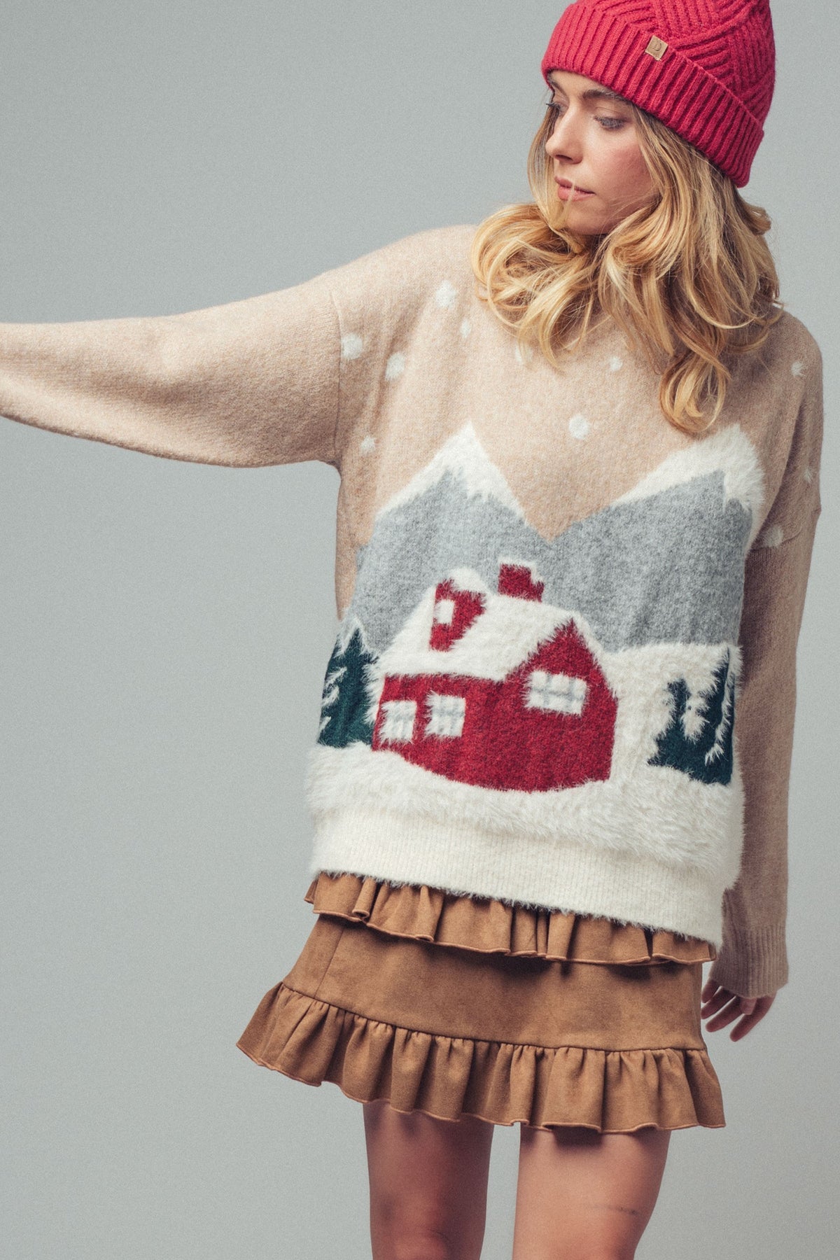 Fuzzy Winter Scene Intarsia Knit Sweater in Taupe - Women's Sweaters | Urban Daizy