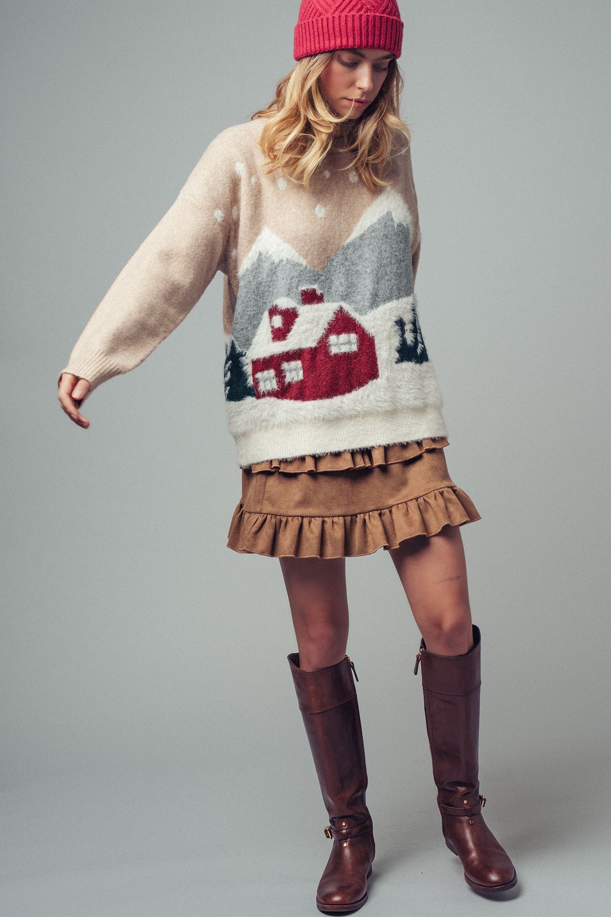 Fuzzy Winter Scene Intarsia Knit Sweater in Taupe - Women's Sweaters | Urban Daizy