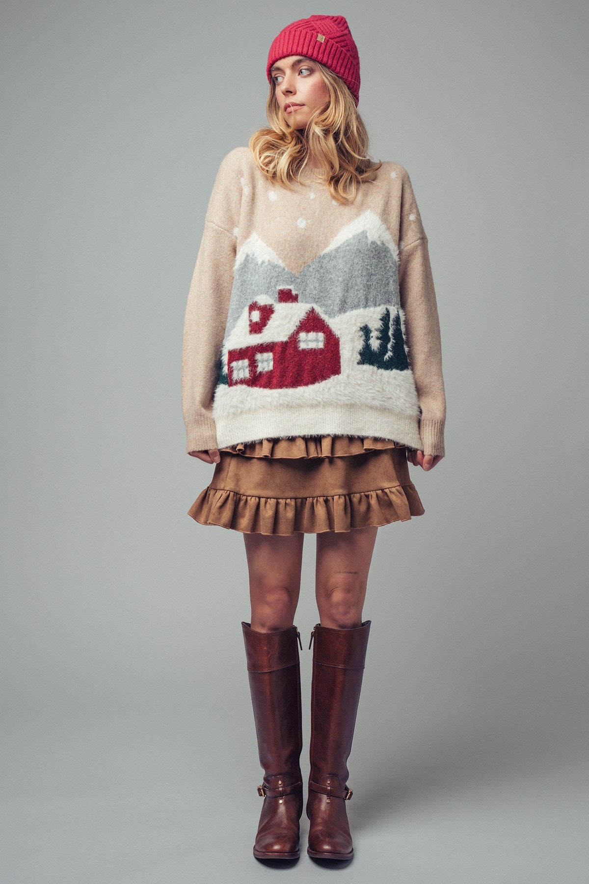 Fuzzy Winter Scene Intarsia Knit Sweater in Taupe - Women's Sweaters | Urban Daizy