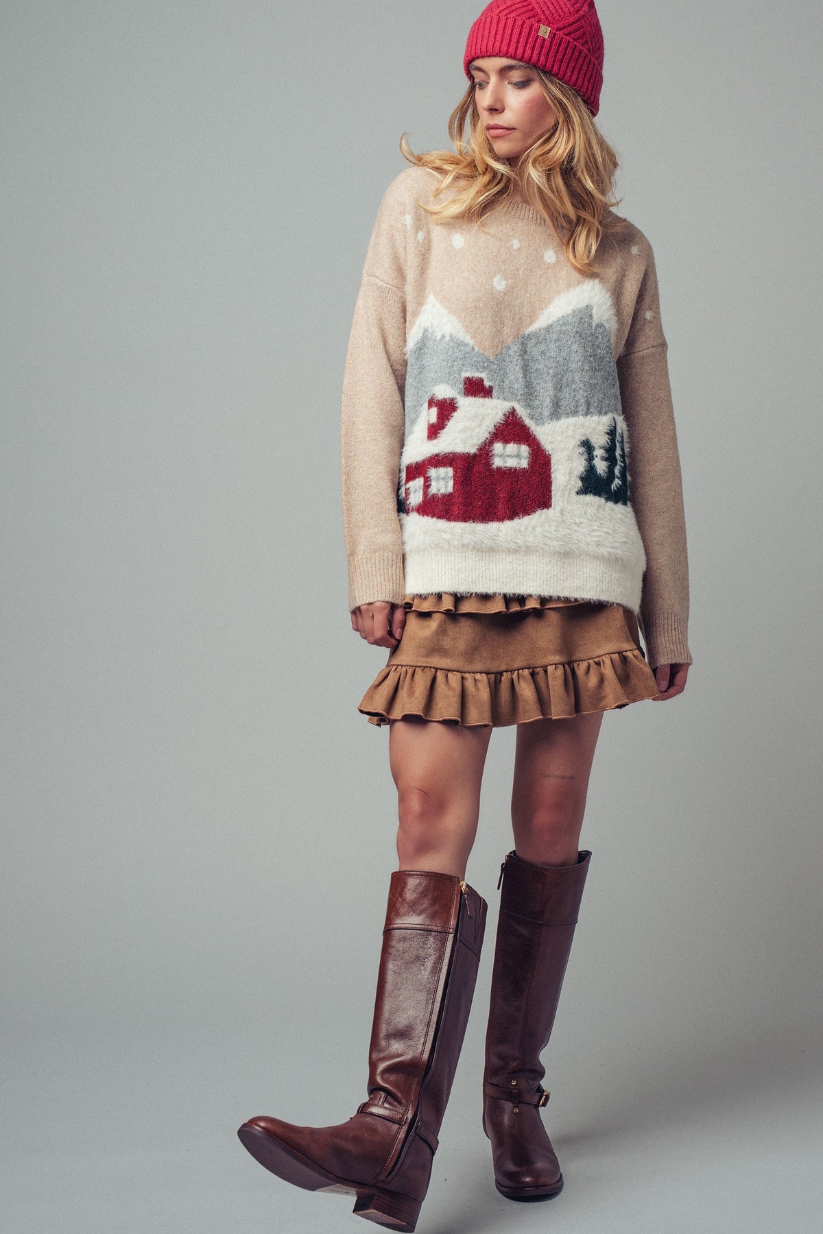 Fuzzy Winter Scene Intarsia Knit Sweater in Taupe - Women's Sweaters | Urban Daizy