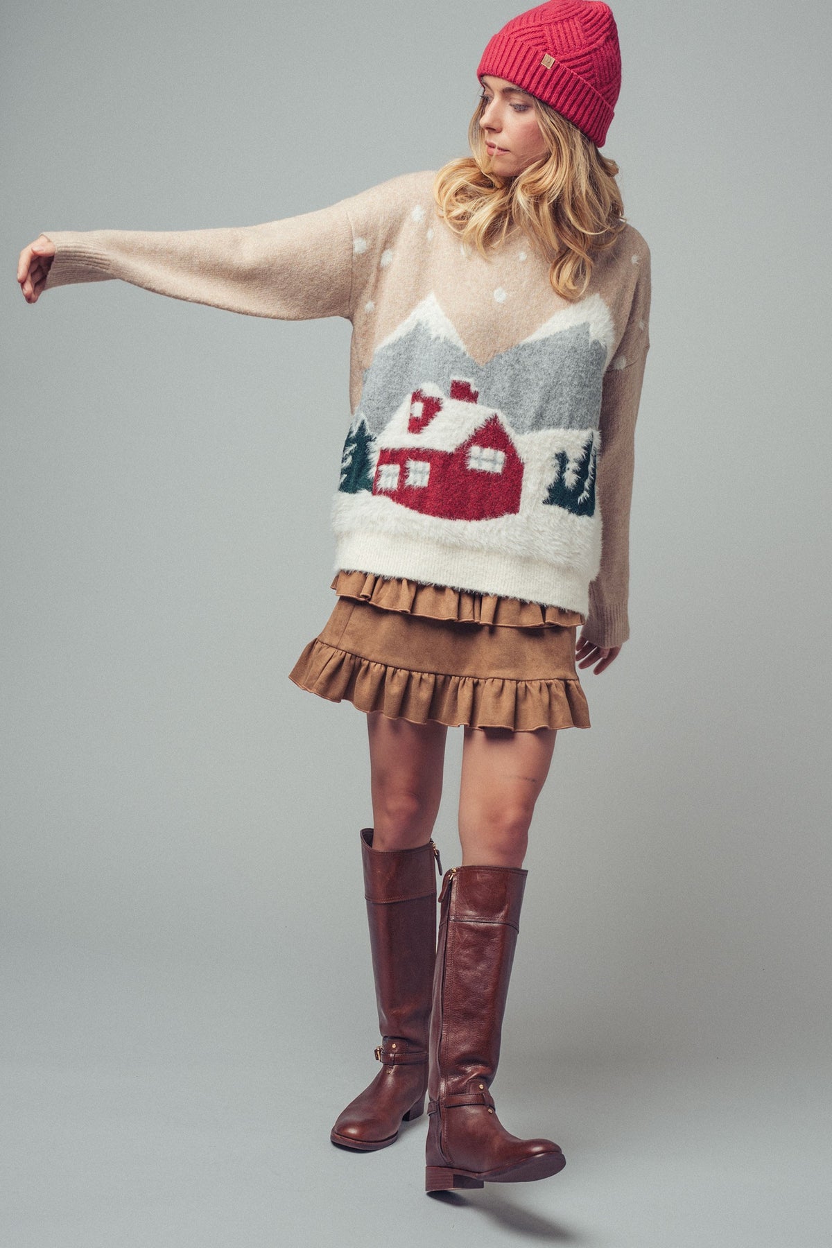 Fuzzy Winter Scene Intarsia Knit Sweater in Taupe - Women's Sweaters | Urban Daizy