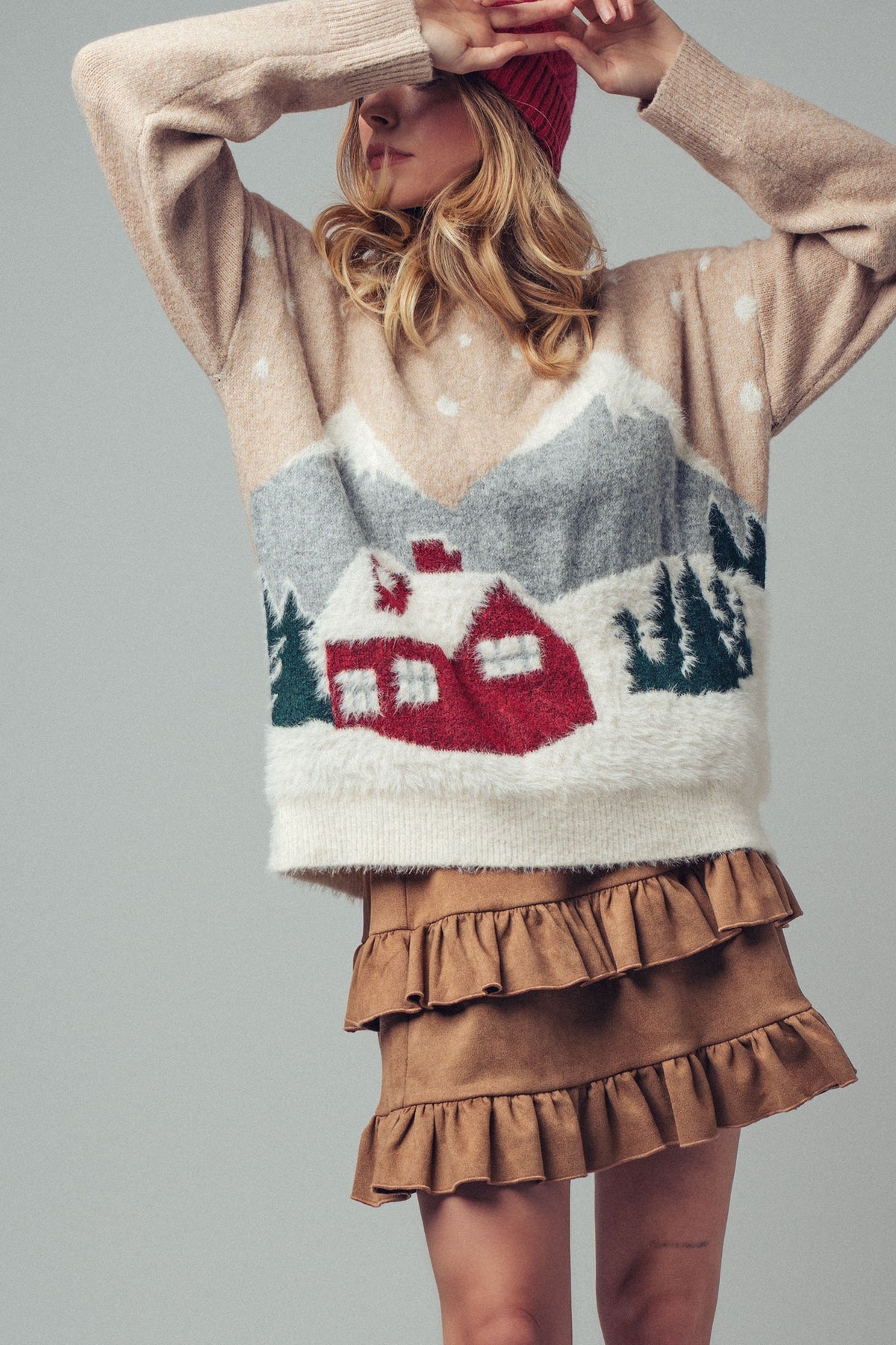 Fuzzy Winter Scene Intarsia Knit Sweater in Taupe - Women's Sweaters | Urban Daizy