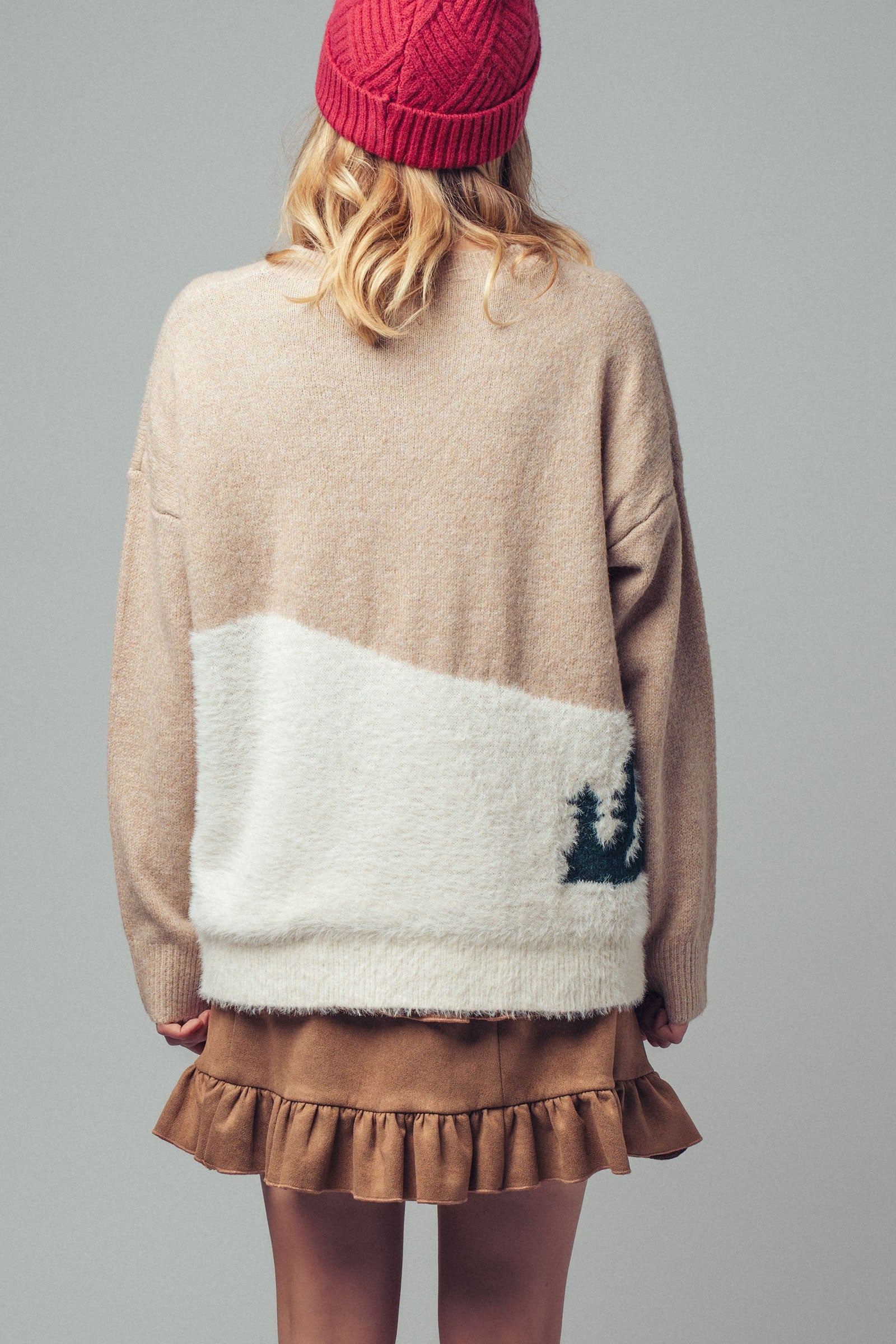 Fuzzy Winter Scene Intarsia Knit Sweater in Taupe - Women's Sweaters | Urban Daizy