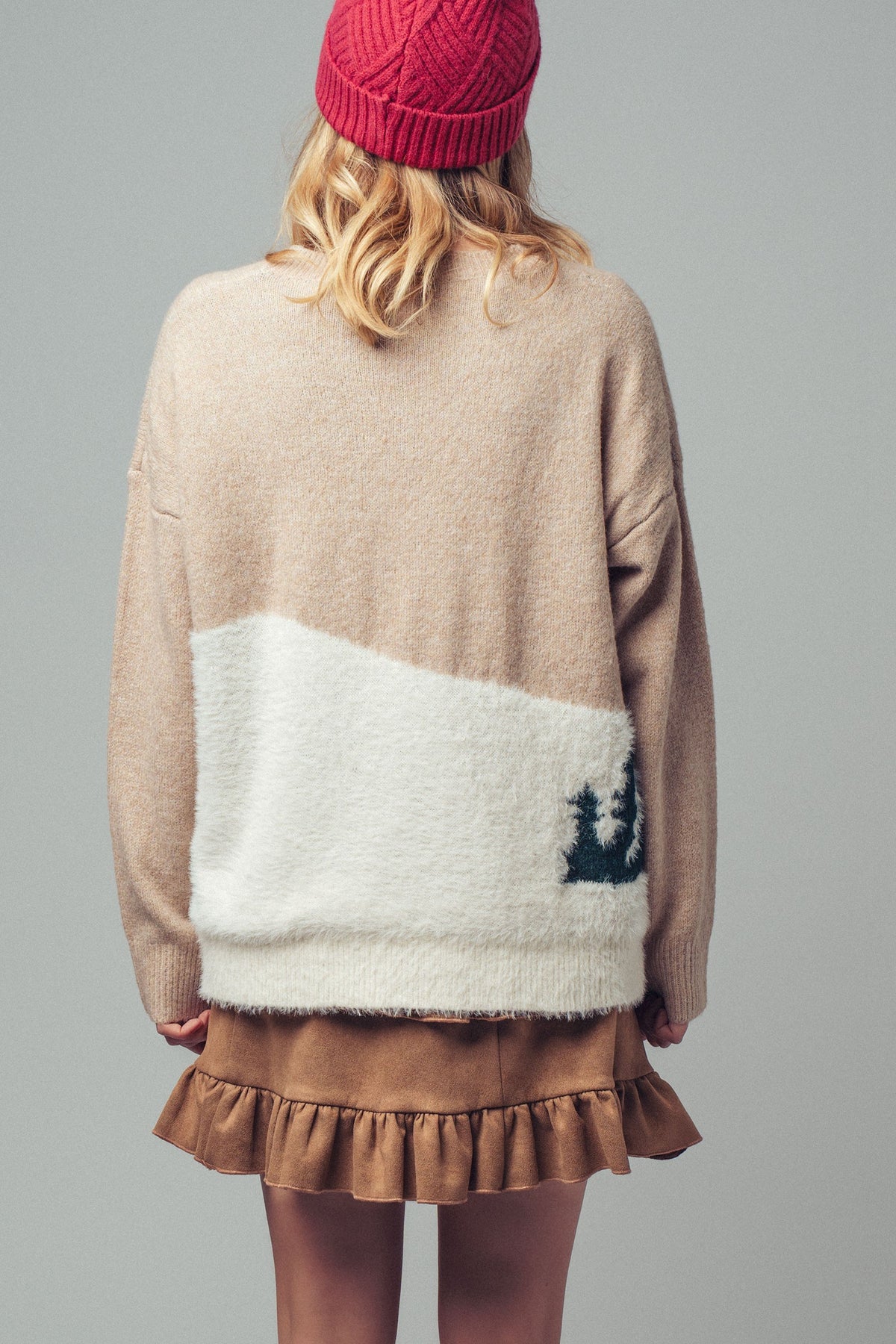 Fuzzy Winter Scene Intarsia Knit Sweater in Taupe - Women's Sweaters | Urban Daizy
