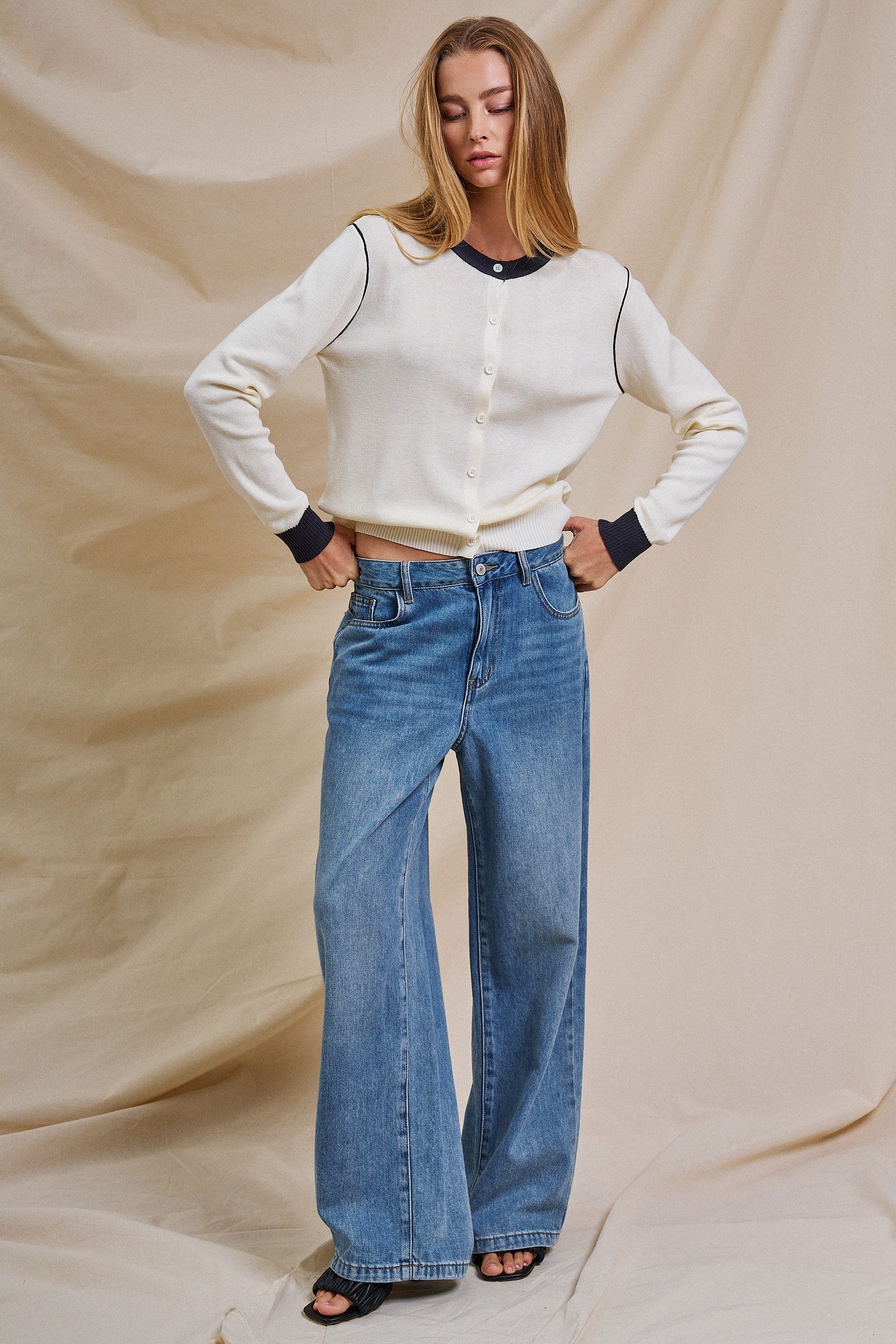 Contrast Trim Knit Button-Front Cardigan in Ivory - Women's Sweaters | Urban Daizy