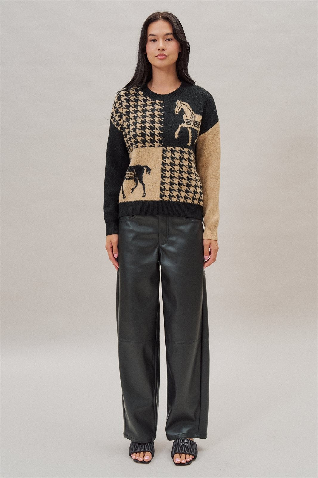 Houndstooth Horse Colorblock Knit Sweater in Black - Women's Sweaters | Urban Daizy