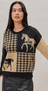 Houndstooth Horse Colorblock Knit Sweater in Black - Women's Sweaters | Urban Daizy