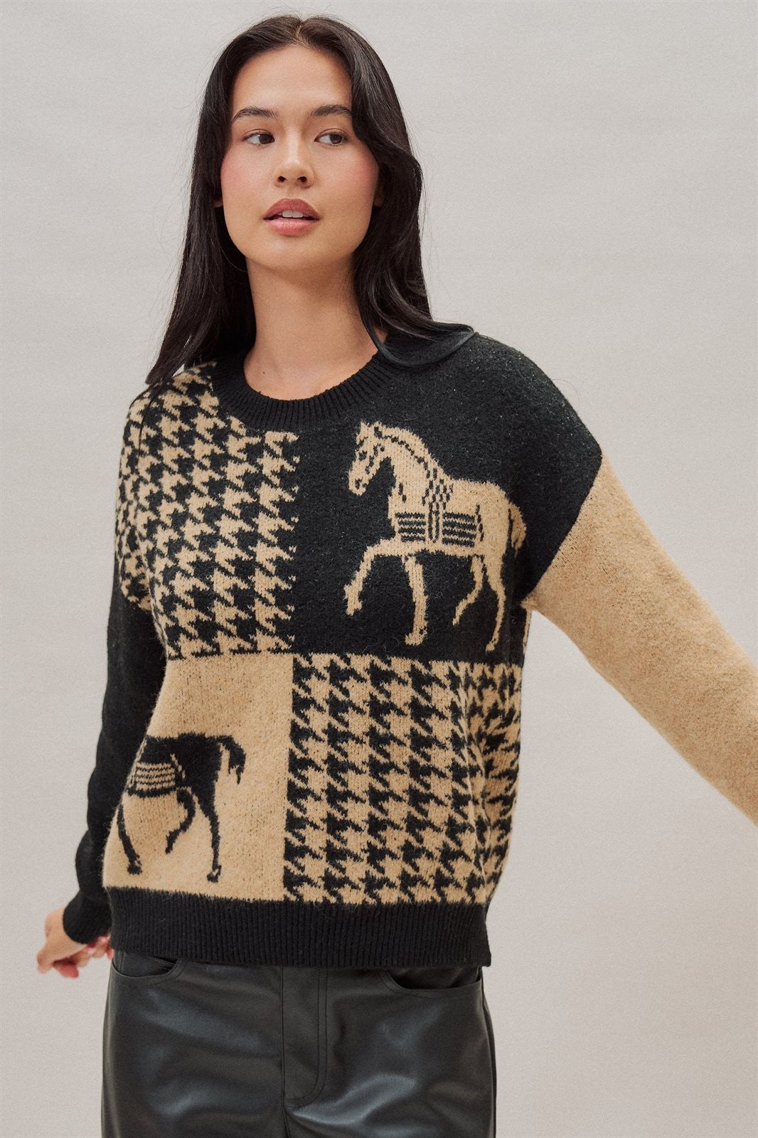 Houndstooth Horse Colorblock Knit Sweater in Black - Women's Sweaters | Urban Daizy