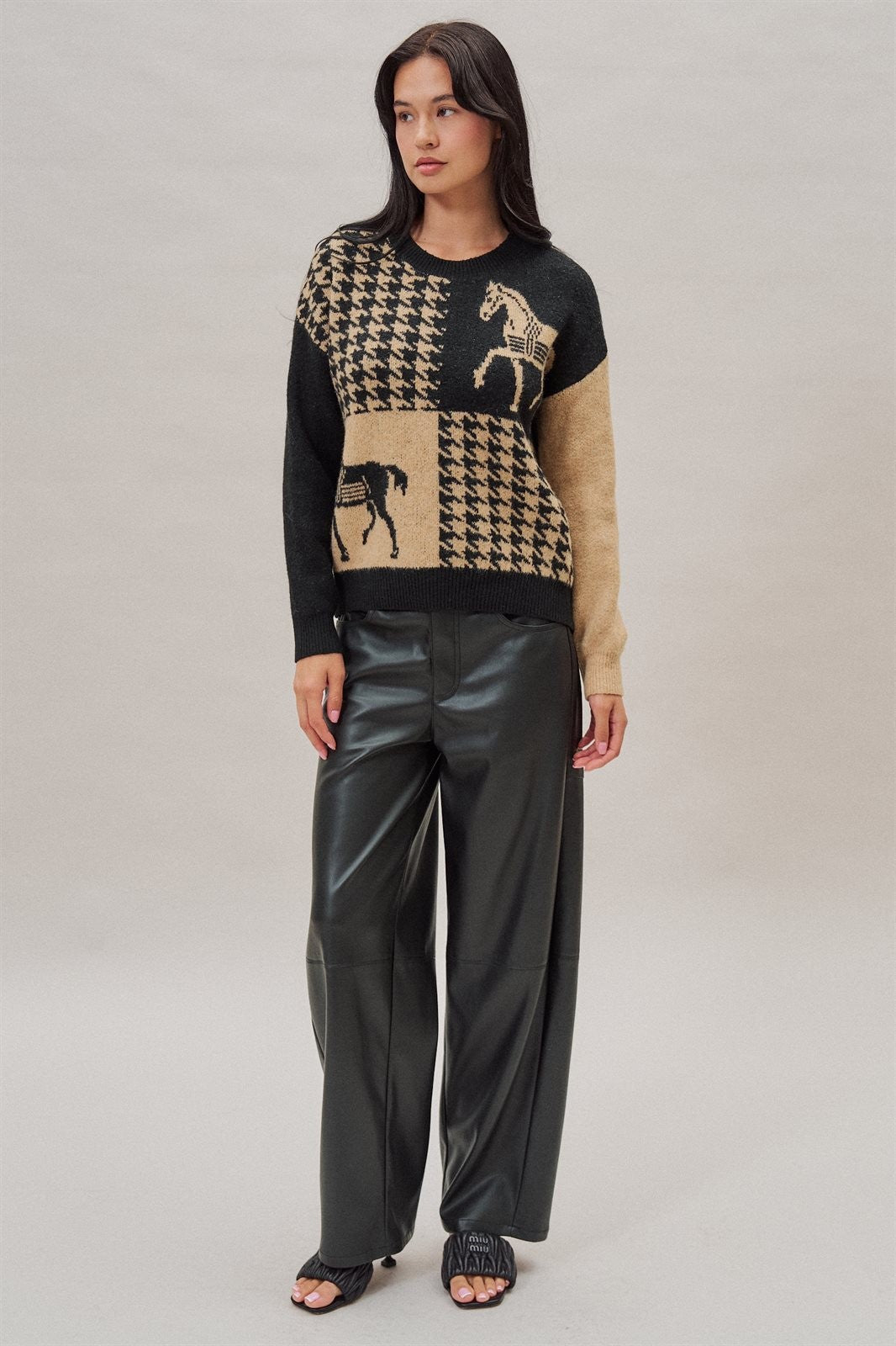 Houndstooth Horse Colorblock Knit Sweater in Black - Women's Sweaters | Urban Daizy