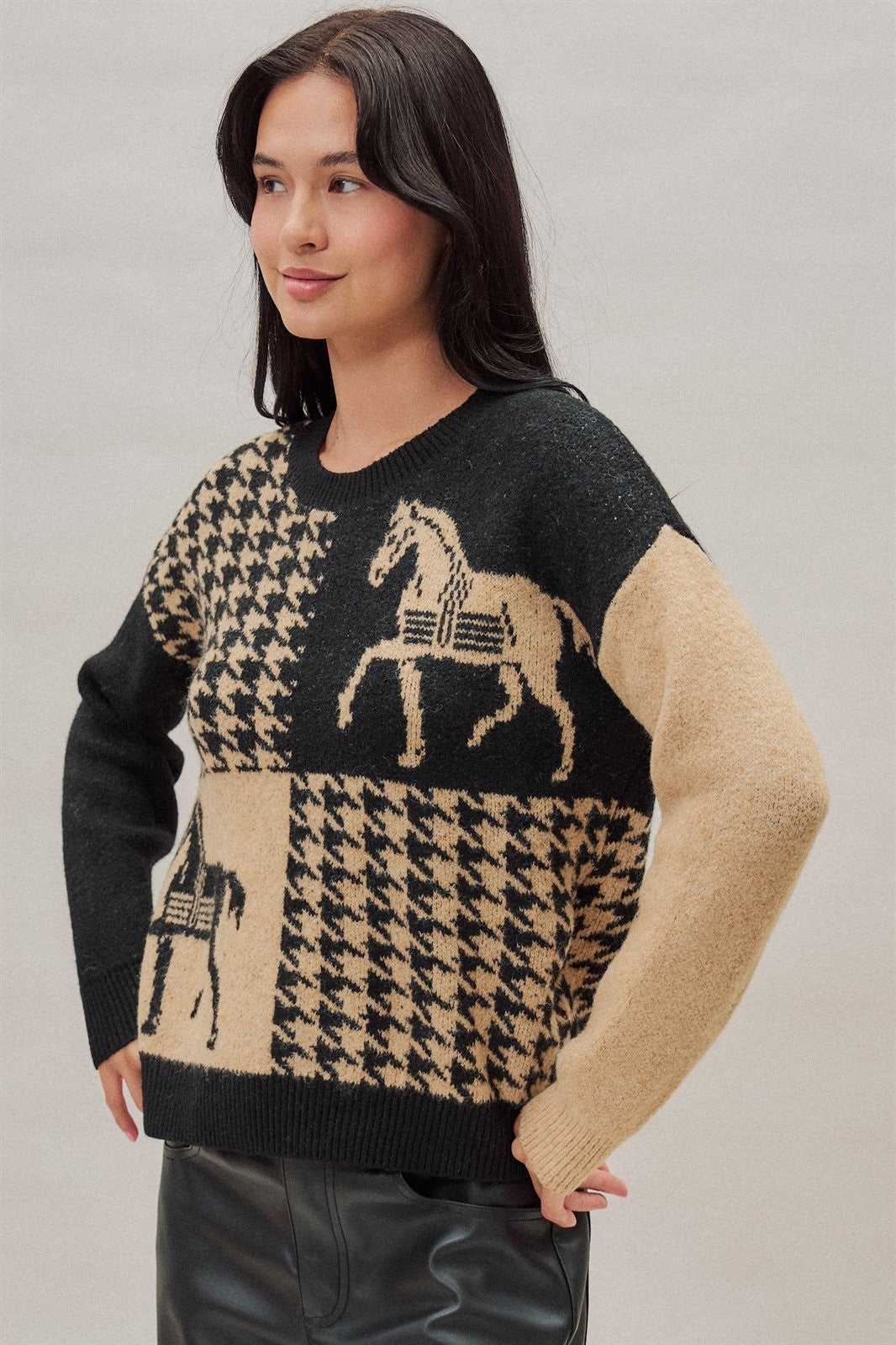 Houndstooth Horse Colorblock Knit Sweater in Black - Women's Sweaters | Urban Daizy