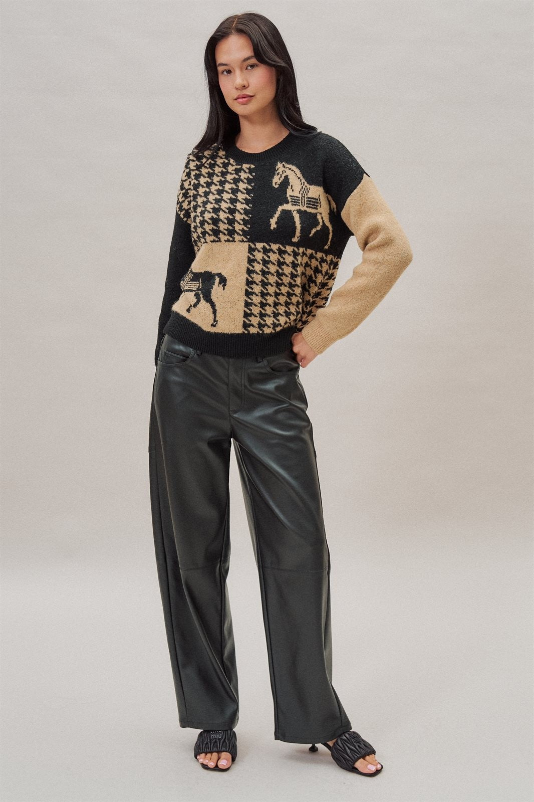 Houndstooth Horse Colorblock Knit Sweater in Black - Women's Sweaters | Urban Daizy