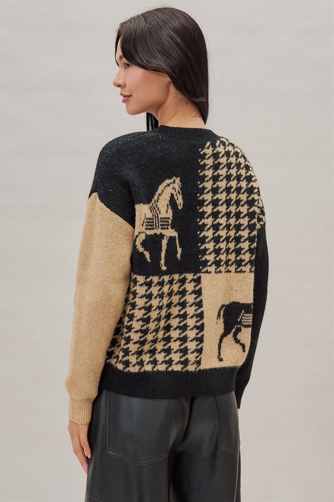 Houndstooth Horse Colorblock Knit Sweater in Black - Women's Sweaters | Urban Daizy