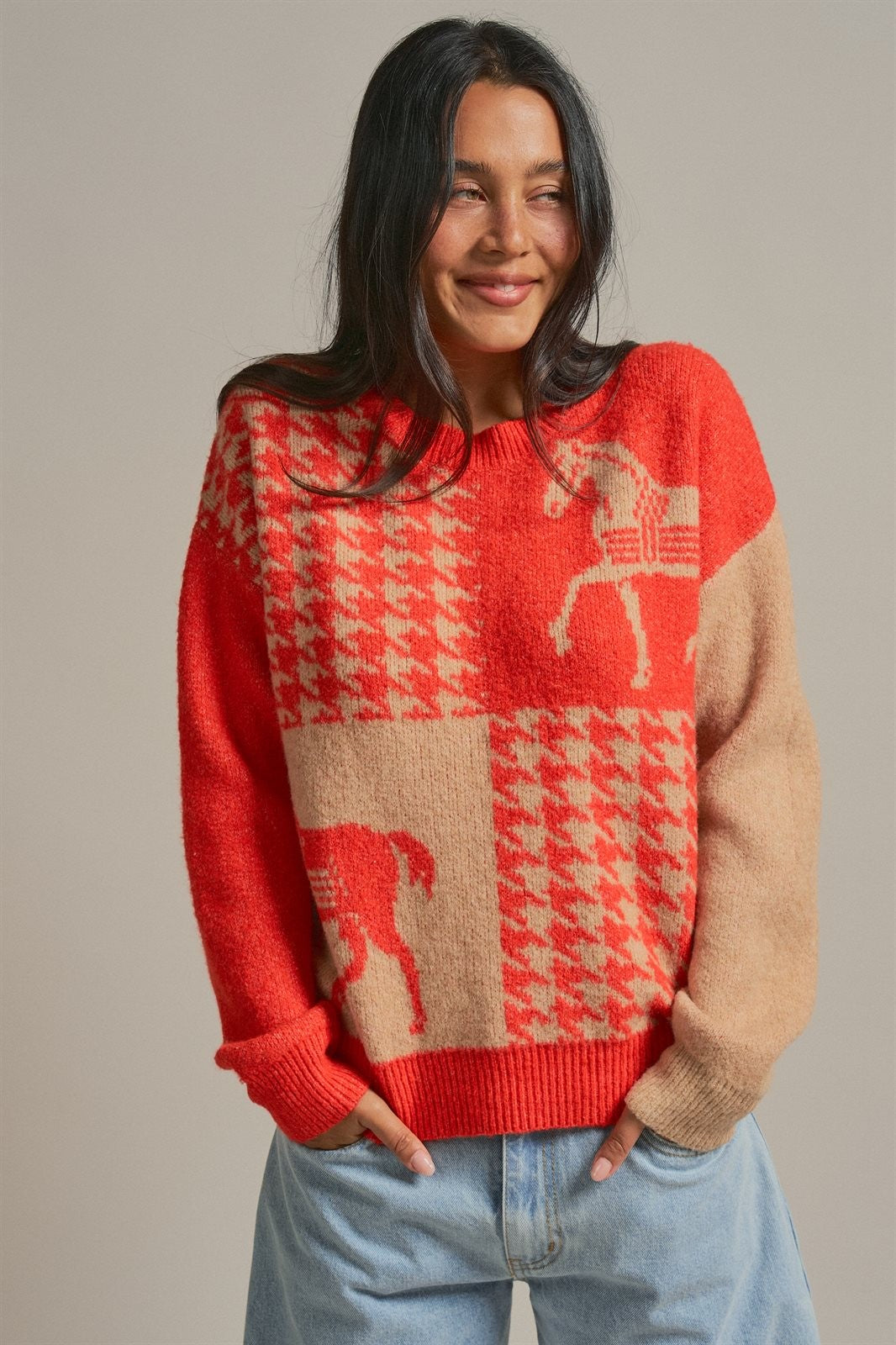Houndstooth Horse Colorblock Knit Sweater in Orange - Women's Sweaters | Urban Daizy