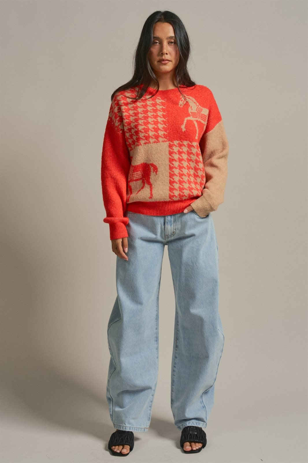 Houndstooth Horse Colorblock Knit Sweater in Orange - Women's Sweaters | Urban Daizy