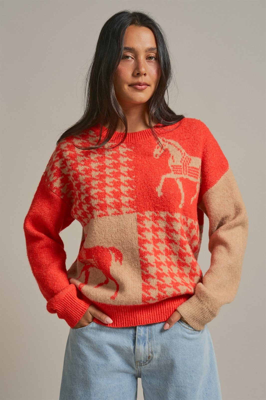 Houndstooth Horse Colorblock Knit Sweater in Orange - Women's Sweaters | Urban Daizy