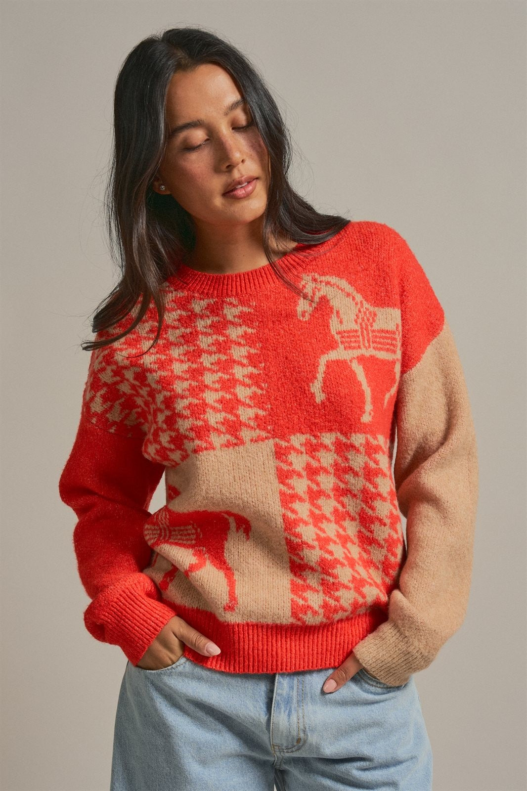 Houndstooth Horse Colorblock Knit Sweater in Orange - Women's Sweaters | Urban Daizy