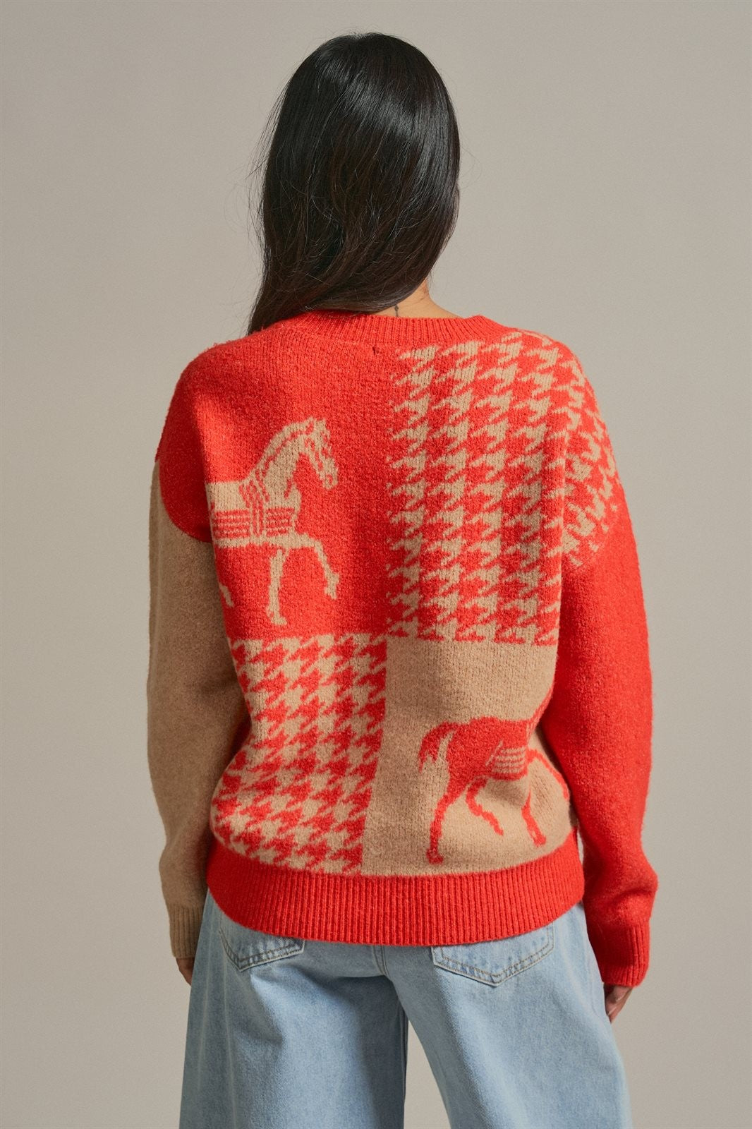 Houndstooth Horse Colorblock Knit Sweater in Orange - Women's Sweaters | Urban Daizy