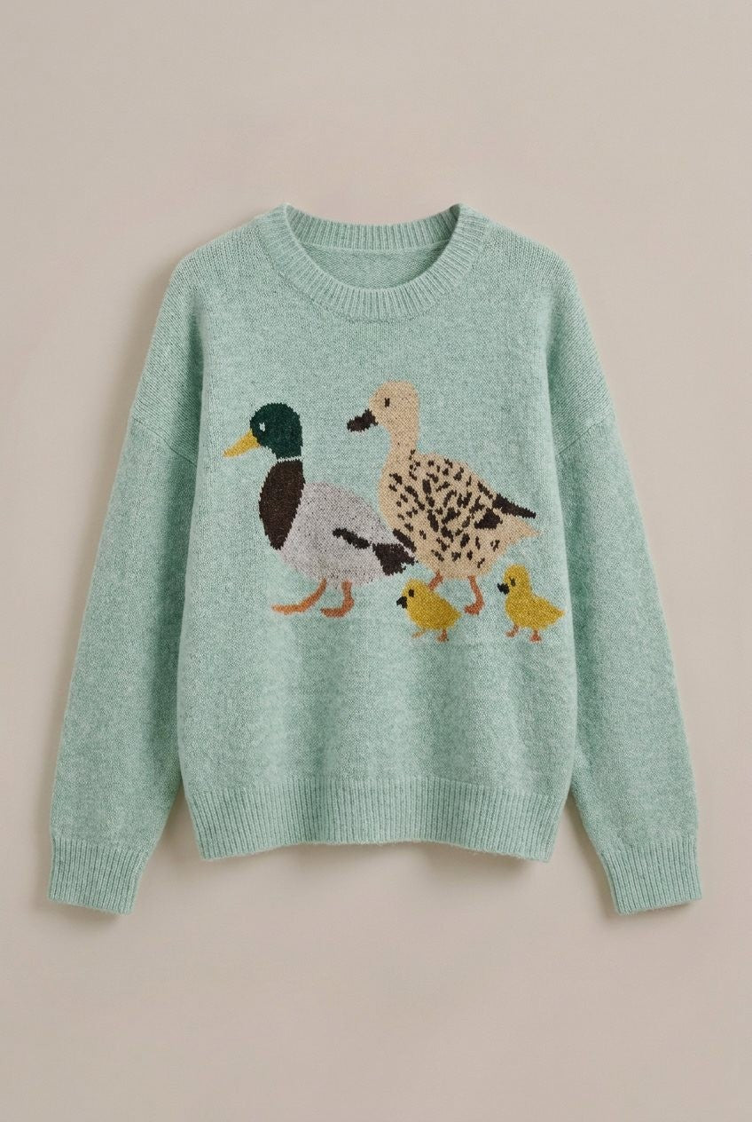 Mallard Duck Intarsia Knit Sweater in Green - Women's Sweaters | Urban Daizy