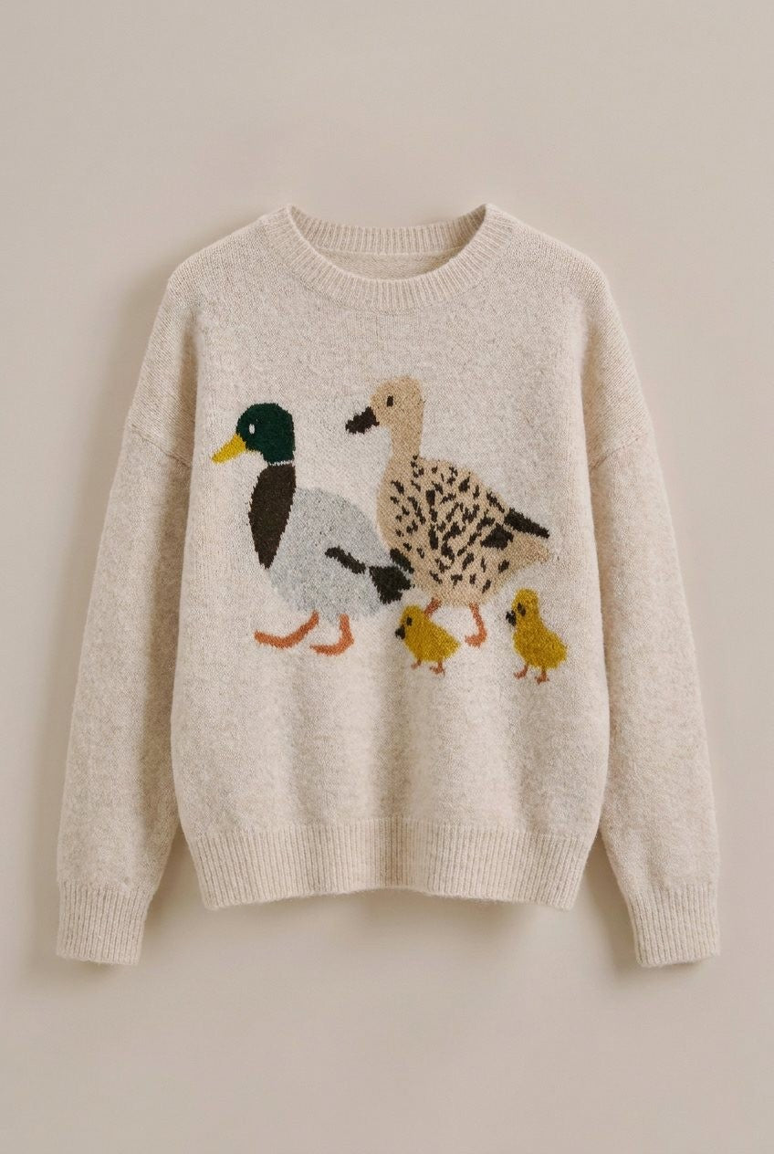 Mallard Duck Intarsia Knit Sweater in Taupe	 - Women's Sweaters | Urban Daizy