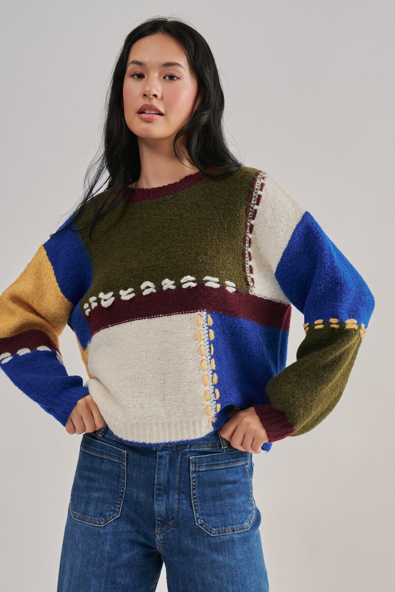 Colorblock Whipstitch Patchwork Knit Sweater in Multi - Women's Sweaters | Urban Daizy