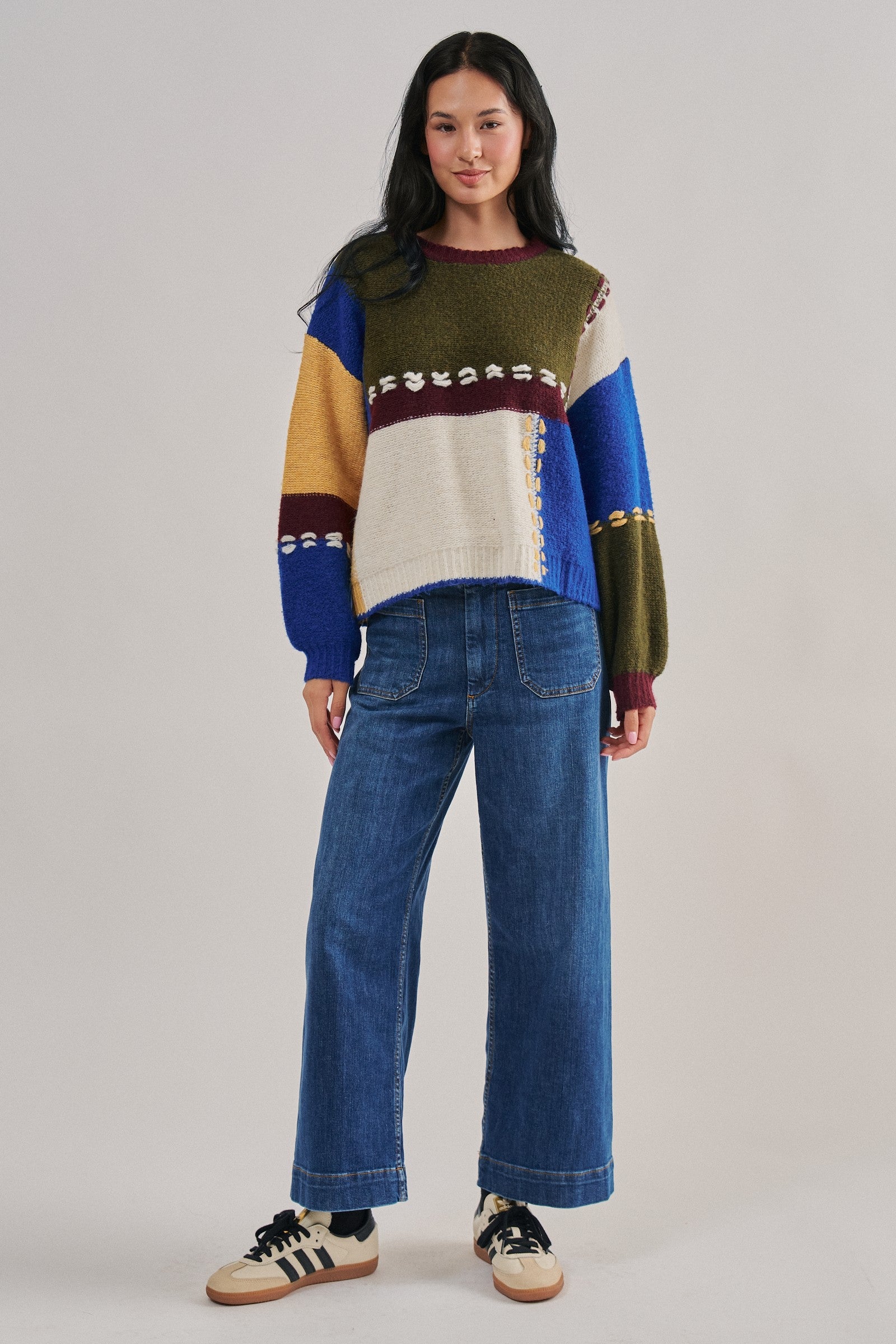 Colorblock Whipstitch Patchwork Knit Sweater in Multi - Women's Sweaters | Urban Daizy