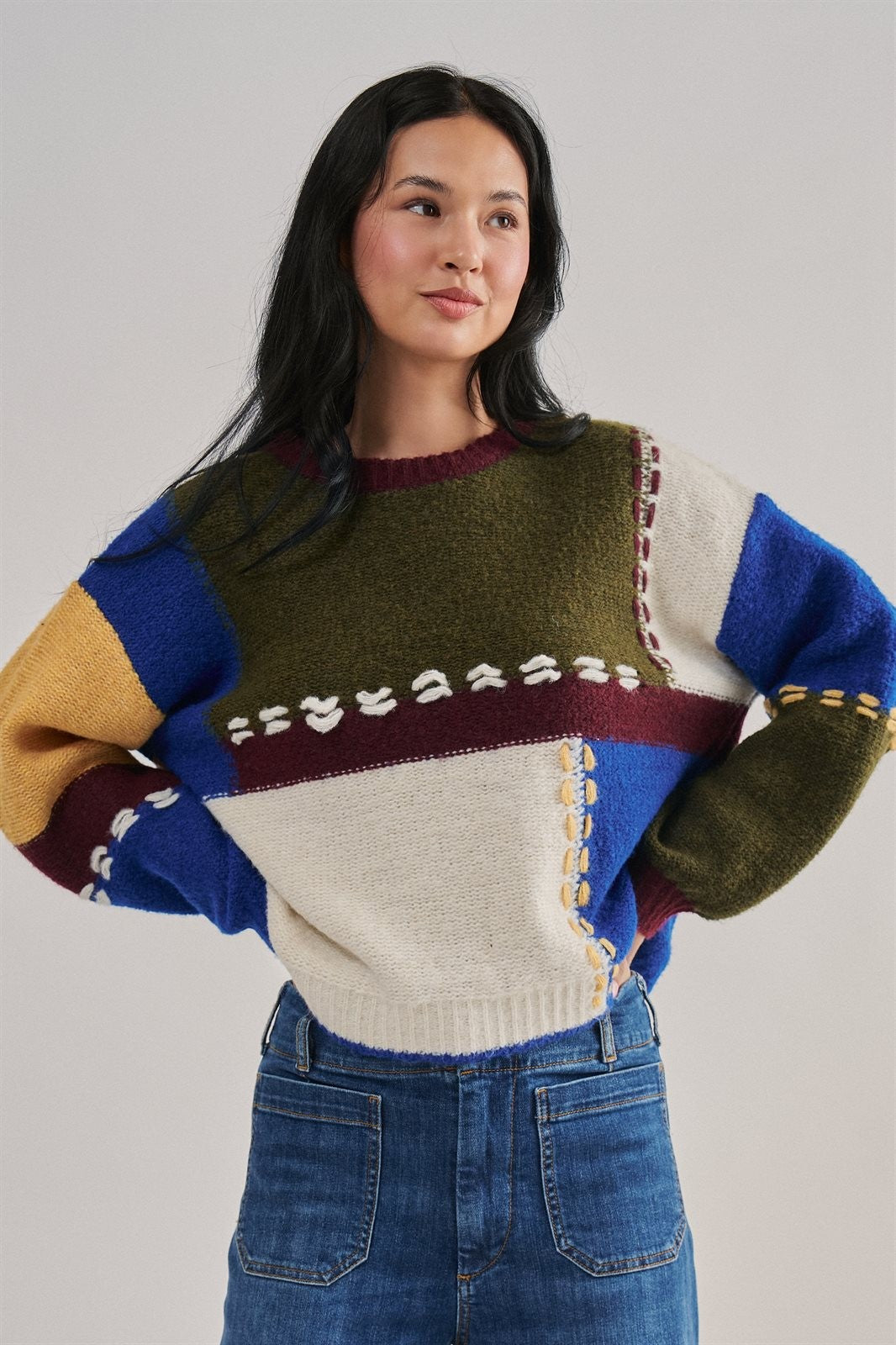 Colorblock Whipstitch Patchwork Knit Sweater in Multi - Women's Sweaters | Urban Daizy