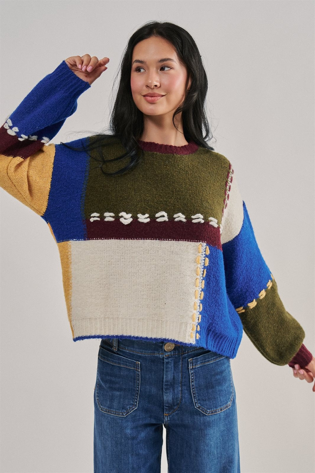 Colorblock Whipstitch Patchwork Knit Sweater in Multi - Women's Sweaters | Urban Daizy