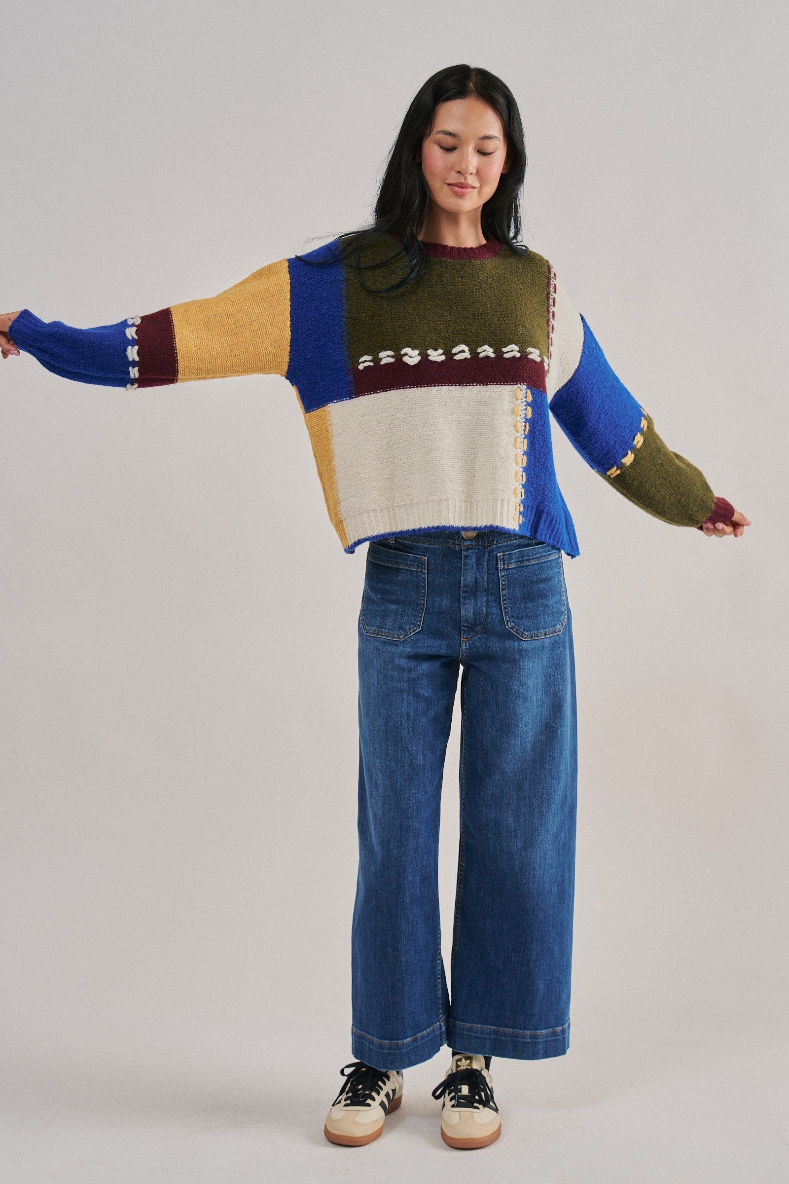 Colorblock Whipstitch Patchwork Knit Sweater in Multi - Women's Sweaters | Urban Daizy