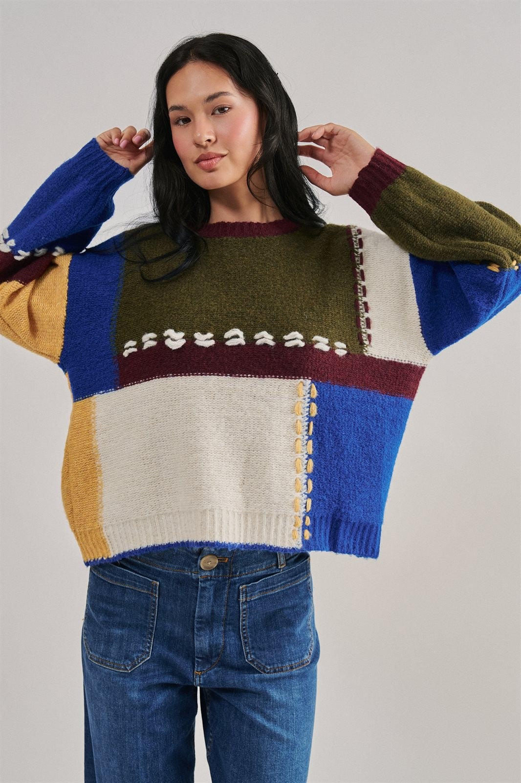 Colorblock Whipstitch Patchwork Knit Sweater in Multi - Women's Sweaters | Urban Daizy