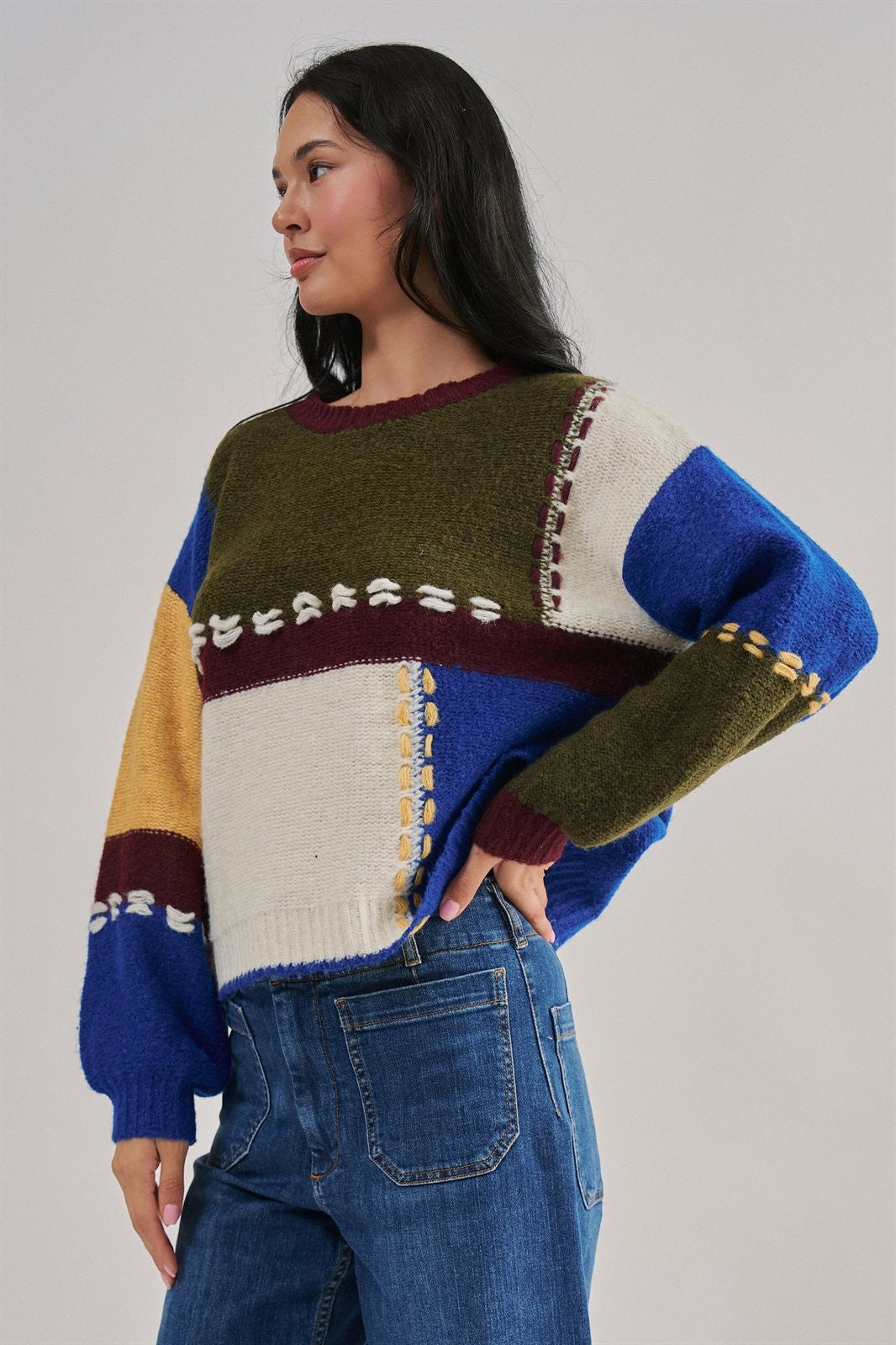 Colorblock Whipstitch Patchwork Knit Sweater in Multi - Women's Sweaters | Urban Daizy